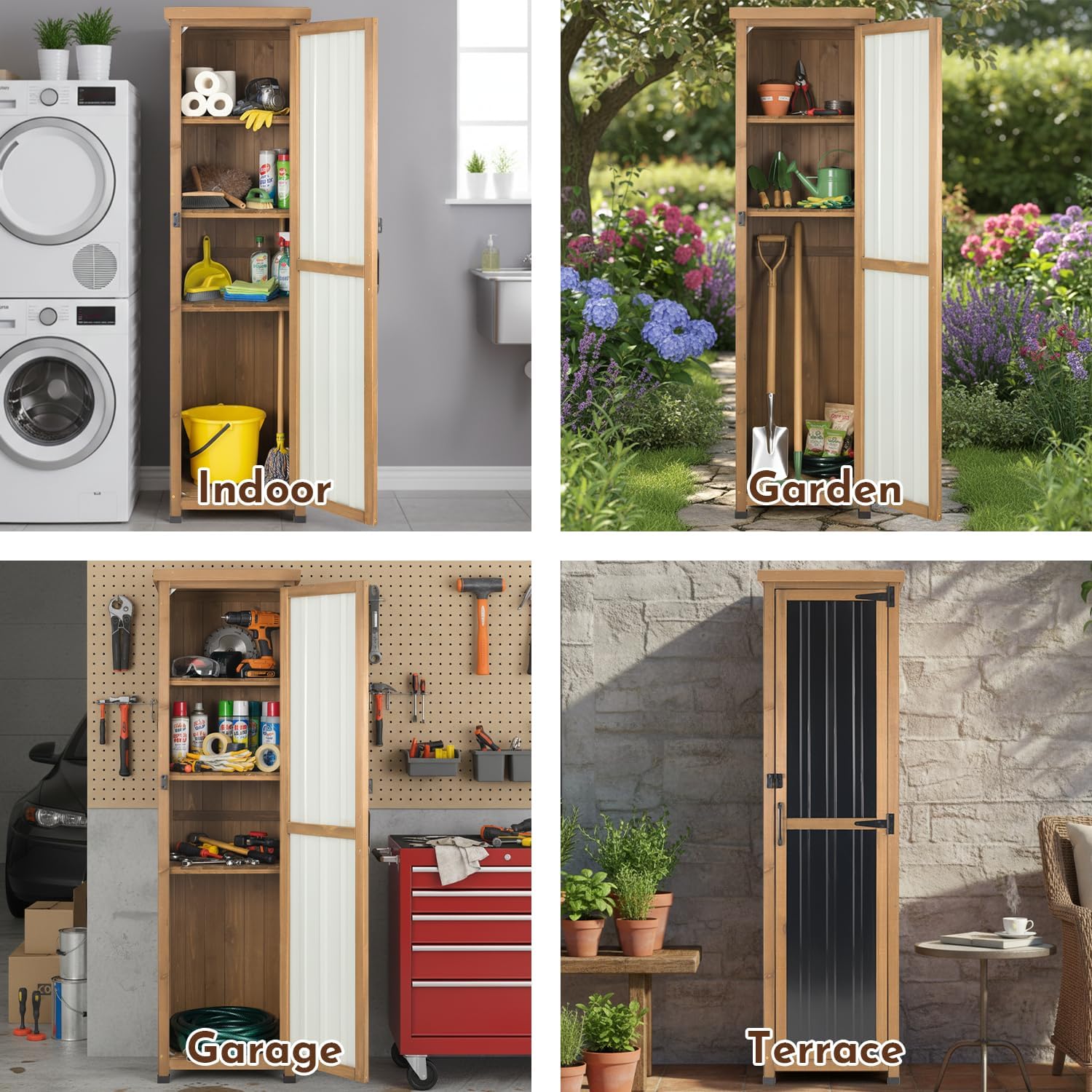 Ketive 62' Tall Outdoor Storage Cabinet, Narrow Garden Storage Cabinet with Adjustable Shelves, Slim Wood & Metal Tool Organizer for Patio, Garden, Porch, Garage or Indoor Storage