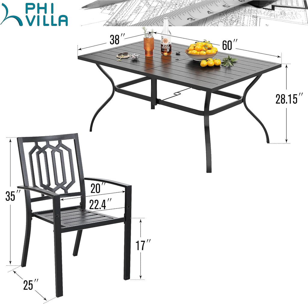 PHI VILLA 7 Piece Outdoor Dining Set for 6, 60' Rectangular Metal Steel Table with Umbrella Hole & Stackable Chairs, Heavy-Duty Furniture Set for Patio, Deck, Yard, Porch - Black
