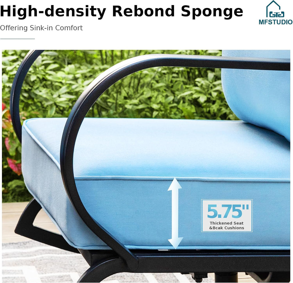 MFSTUDIO 4 Pieces Patio Conversation Sets(5 Seat),Outdoor Metal Furniture Sofas with 1 Loveseat(3 Seat), 2 Rocking Chairs,1 Coffee Table,Wrought Iron with Blue Cushion for Patio Courtyard Balcony