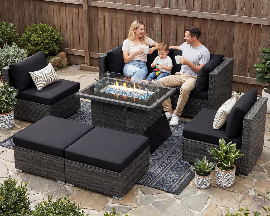 RADIATA 7Pcs Outdoor Patio Furniture Set with Fire Pit, Modern Comfortable Outside Sectional Couch High Back Oversized Wide Deep 6-Seats, Modular All-Weather Heavy Duty Wicker Sofa Set, Grey&Black