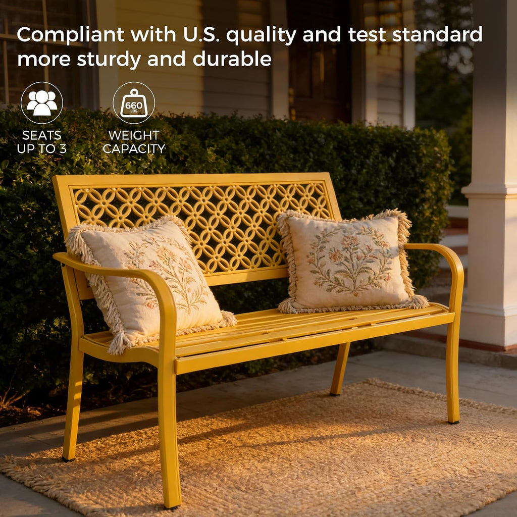 Grand patio 50' Outdoor Bench, Garden Benches with Anti-Rust Metal Powder Coated Frame, Patio Bench for Front Porch Park Outside Furniture Decor, Sunflower Yellow