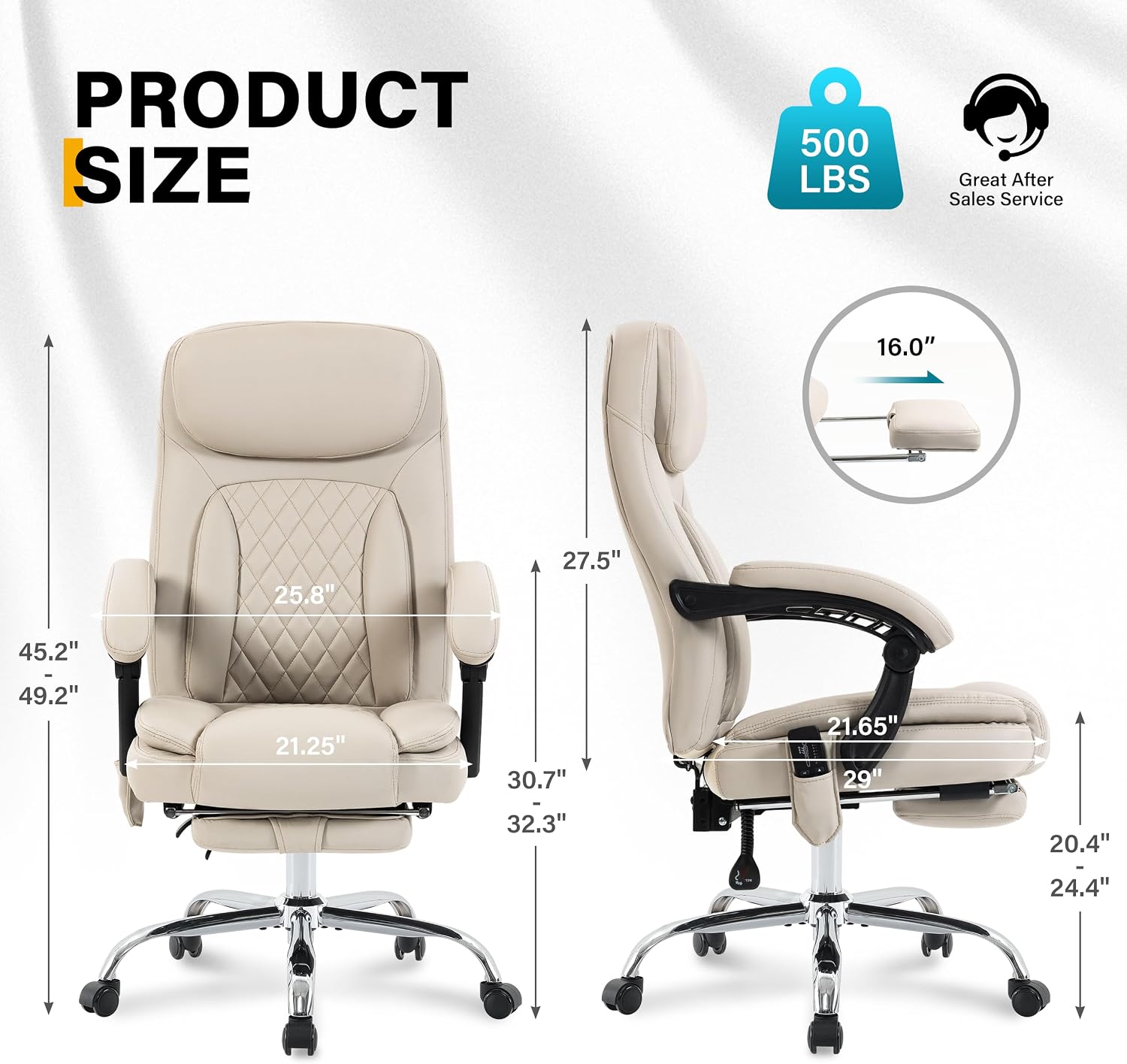 6-Point Massage Office Chair with Heated, Ergonomic Office Chair with Footrest & 45°Reclining High Back, Big and Tall Executive Office Chair 500LBS, Thick Cushion Desk Chair for Home Office, Beige(PU)