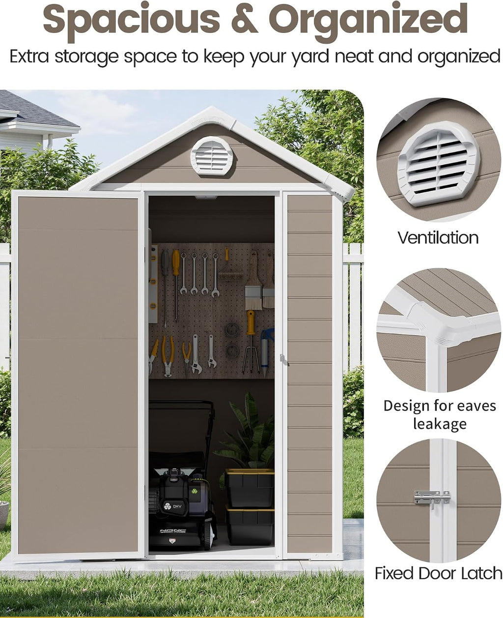 6x4.5 FT Plastic Sheds & Outdoor Storage, UV Resistant Storage Sheds Outdoor with Floor and Window, All-Weather Garden Resin Tool Shed for Lawn Mower, Yard Tools, Bike, Warm Gray