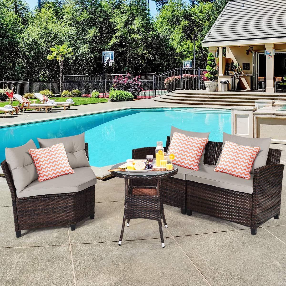 HAPPYGRILL 4 Pieces Rattan Patio Conversation Set, Outdoor Wicker Furniture Set with Cushioned Sofas and Coffee Table, L-Shape Sectional Curved Sofa Set for Garden Poolside Balcony