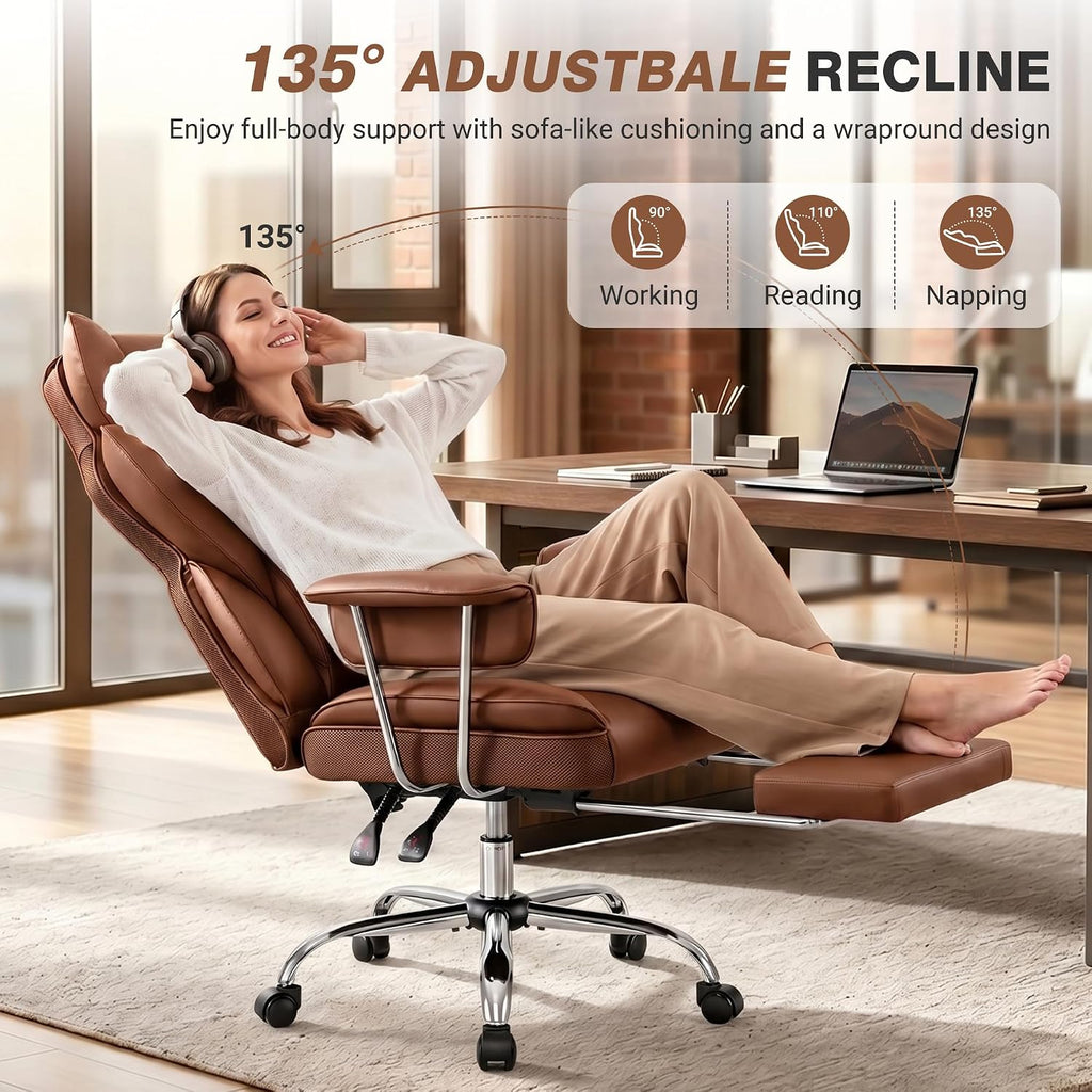ALLGOD Office Chair Comfy, Big and Tall Executive Leather Chair, High Back Ergonomic Wide Chair with Footrest, Reclining Computer Desk Chair, Heavy Duty Gaming Chair with Padded Arm and Pillow, Brown