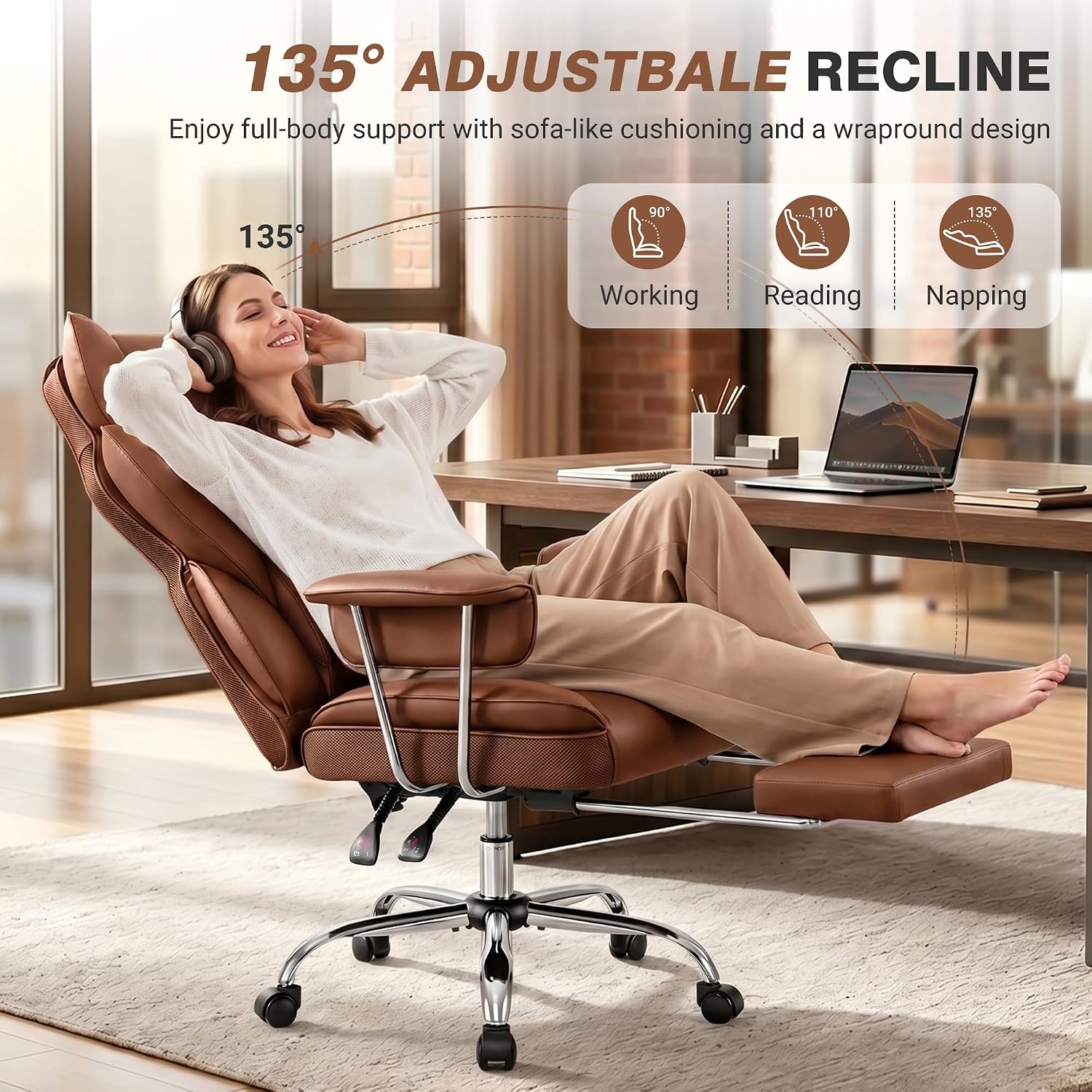 ALLGOD Office Chair Comfy, Big and Tall Executive Leather Chair, High Back Ergonomic Wide Chair with Footrest, Reclining Computer Desk Chair, Heavy Duty Gaming Chair with Padded Arm and Pillow, Brown