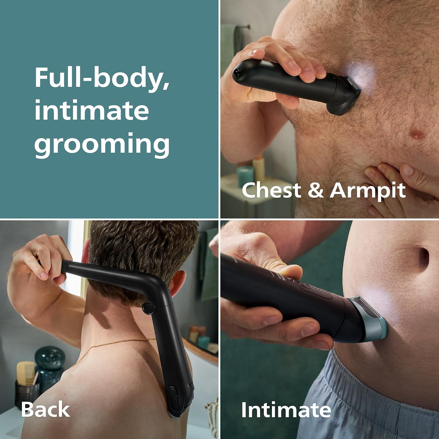 Philips Norelco Body Groomer 9000 Series, Body Hair Trimmer for Men & Intimate Shaver System with UV Cube Cleaner & Adjustable Back Attachment, 100% Showerproof, BG9480/50