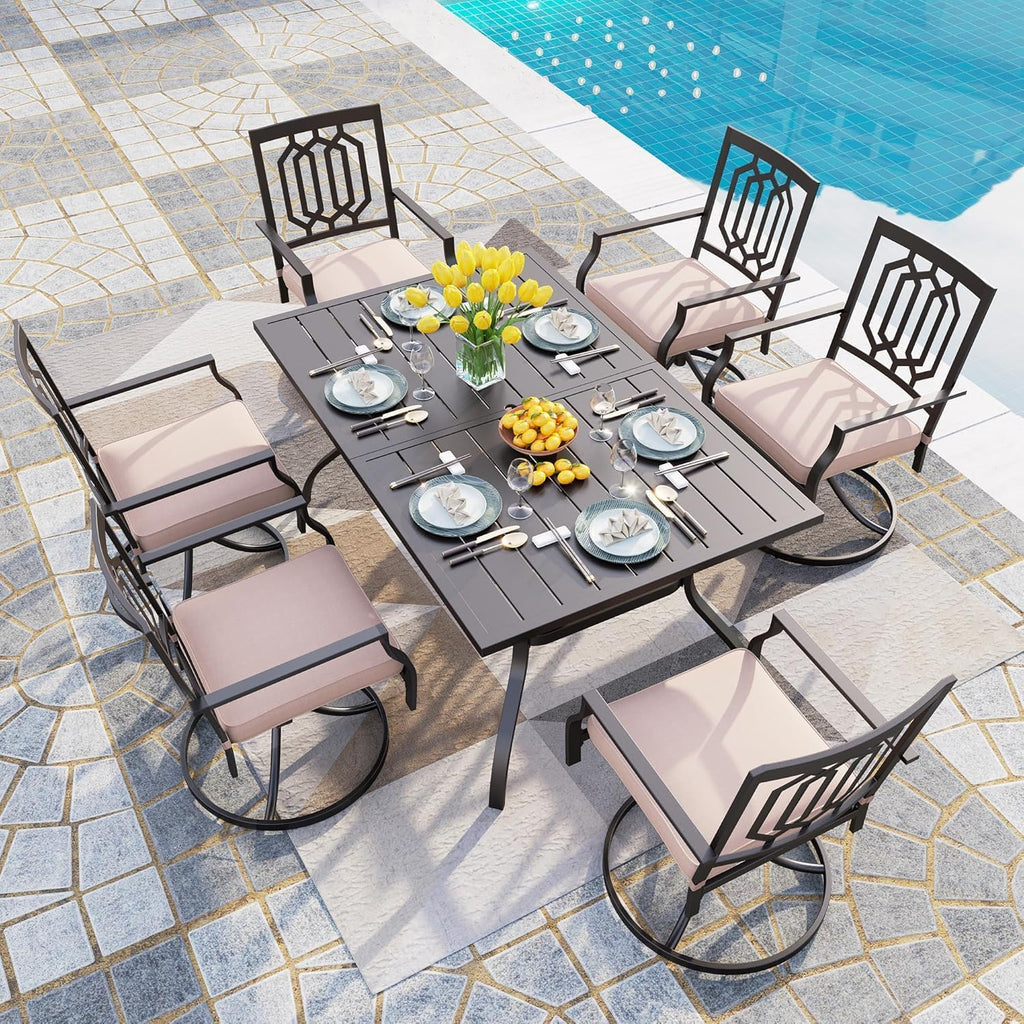 PHI VILLA 7 Pieces Patio Dining Set for 6, 60' Rectangle Metal Steel Table with Umbrella Hole & Swivel Wrought Iron Chairs with Cushions, Large Outdoo Furniture Set for Deck, Porch, Yard