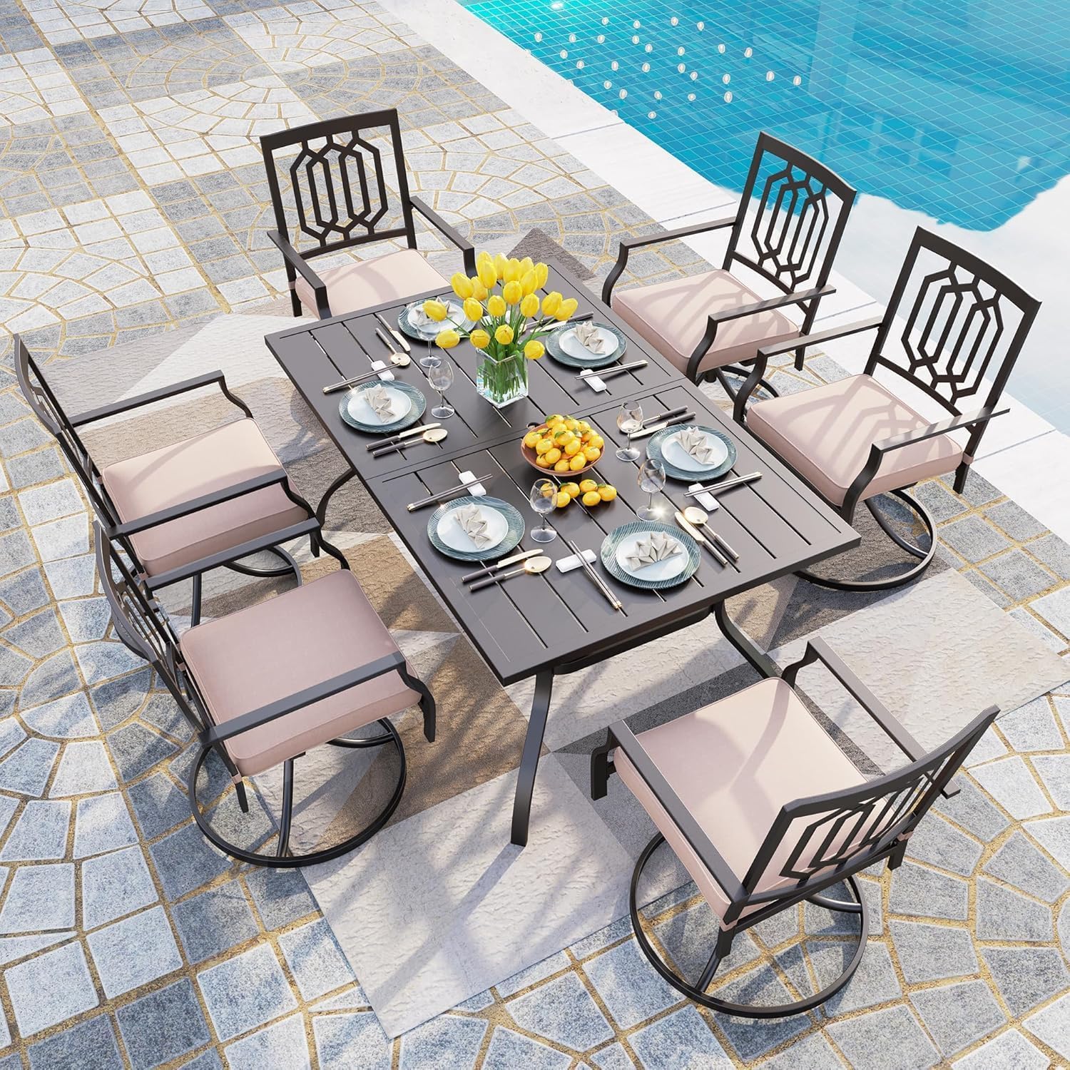 PHI VILLA 7 Pieces Patio Dining Set for 6, 60' Rectangle Metal Steel Table with Umbrella Hole & Swivel Wrought Iron Chairs with Cushions, Large Outdoo Furniture Set for Deck, Porch, Yard