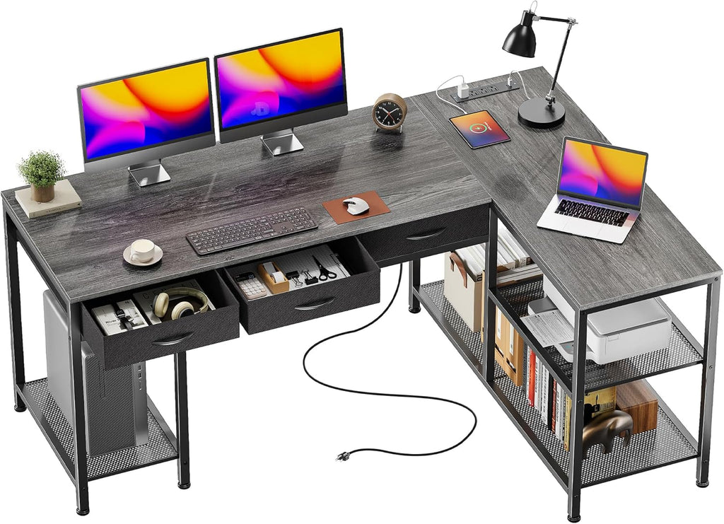 PRAISUN 55 Inch L Shaped Office Desk with Power Outlets and Type-C Port, Large Computer Gaming Desk with 3 Fabric Drawers, Mesh Shelves, Corner Study Work Writing Desk, Grey
