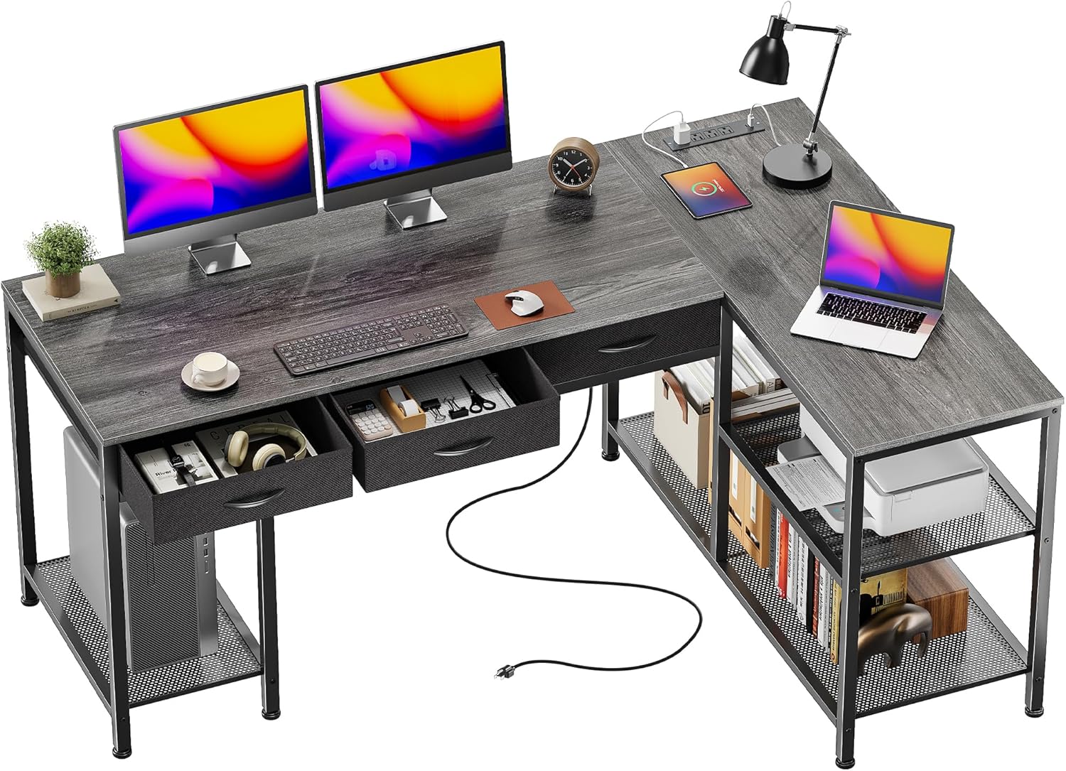 PRAISUN 55 Inch L Shaped Office Desk with Power Outlets and Type-C Port, Large Computer Gaming Desk with 3 Fabric Drawers, Mesh Shelves, Corner Study Work Writing Desk, Grey