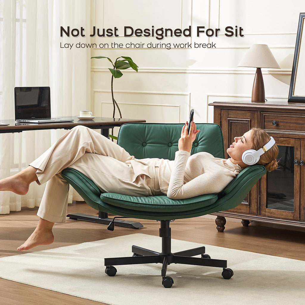 amseatec Criss Cross Office Chair, PU Leather Vanity Chair with 5-Level Adjustable Armrests & Swivel, Ergonomic Criss Cross Chair for Home Office Bedroom Makeup（Green）