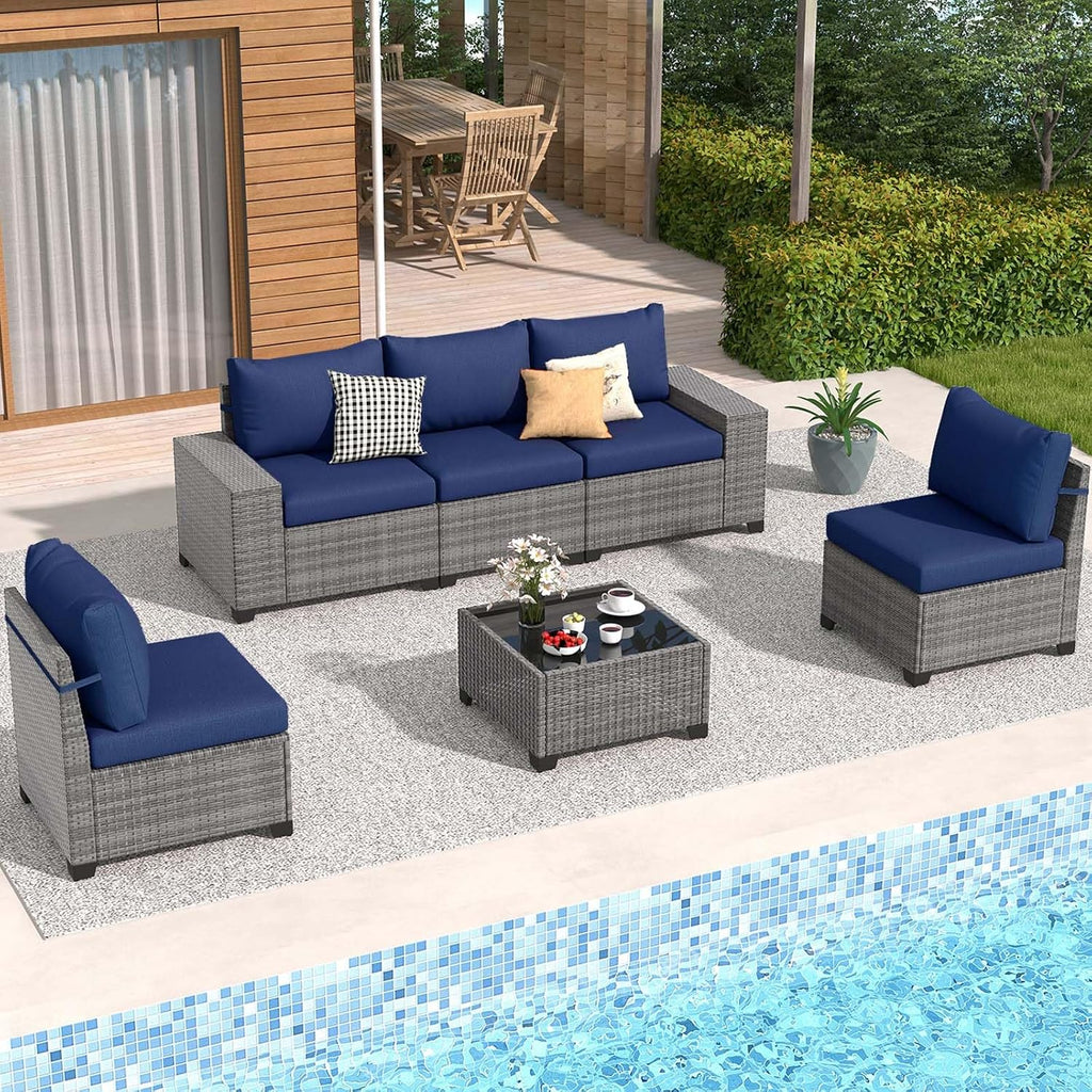 JOIVI 6-Piece Outdoor Patio Furniture Set, Rattan Patio Conversation Set with Coffee Table, L-shaped Wicker Outdoor Sectional Sofa Set with Wide Armrest and Cushions for Garden, Deck, Porch, Navy Blue
