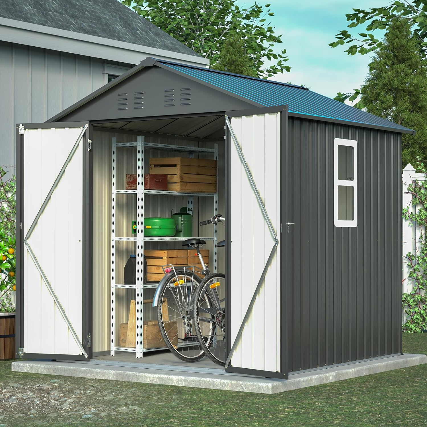 6x6 Ft Outdoor Heavy-Duty Shed, Metal Storage with Vents and Clear Window