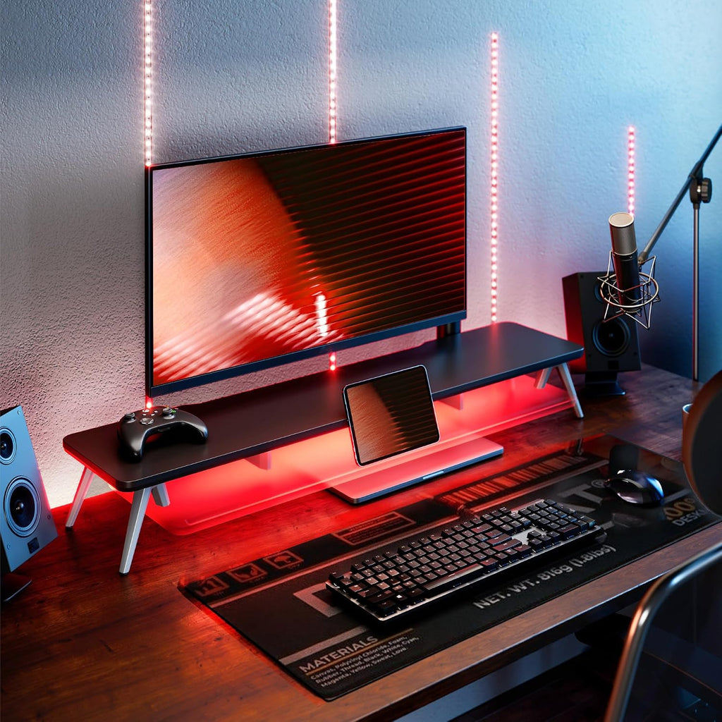 Fenge Dual Monitor Stand, 2 Tiers Acrylic Monitor Riser with LED Lights, 42.5 Inch Wood and Aluminum Desk Shelf with Phone and Tablet Holder