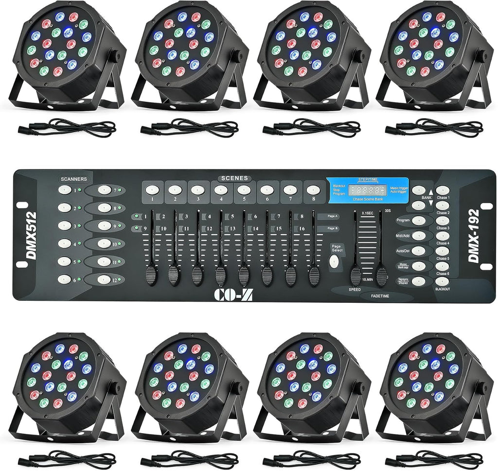 CO-Z LED Stage Lights DMX, 8 pcs 18x3W RGB Par Can Lights Package with DMX Controller Sound Activated Stage Effect Lighting for Party DJ Dance Church Wedding Home Uplighting