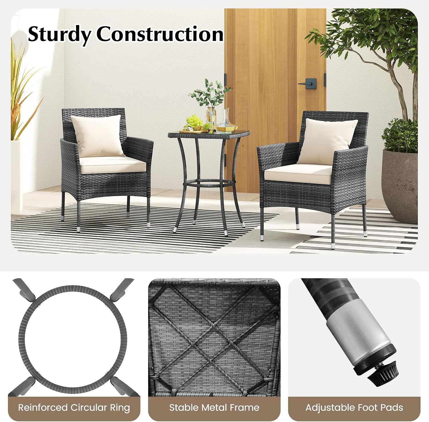 RELAX4LIFE 3-Piece Patio Furniture Set - Rattan Wicker Outdoor Furniture w/Cushions & Tempered Glass Coffee Table, Small Conversation Bistro Table and Chairs Set of 2 for Garden Porch Balcony (Beige)