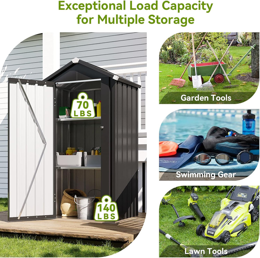 Aoxun Vertical Metal Tool Cabinet 2.5x2FT, 21 Cu.Ft Weatherproof Outdoor Storage Shed with Floor & Adjustable Shelves, Space-Saving Design for Garden, Garage, Patio
