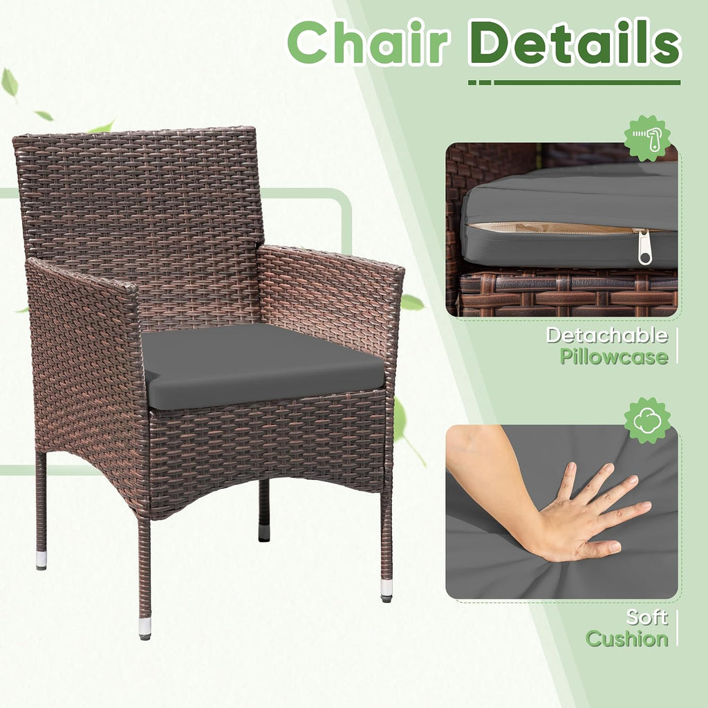 Greesum 3 Pieces Patio Dining PE Rattan Wicker Chair Furniture Set with Cushion and Glass Coffee Table for Outdoor Garden Backyard Poolside, Brown and Grey