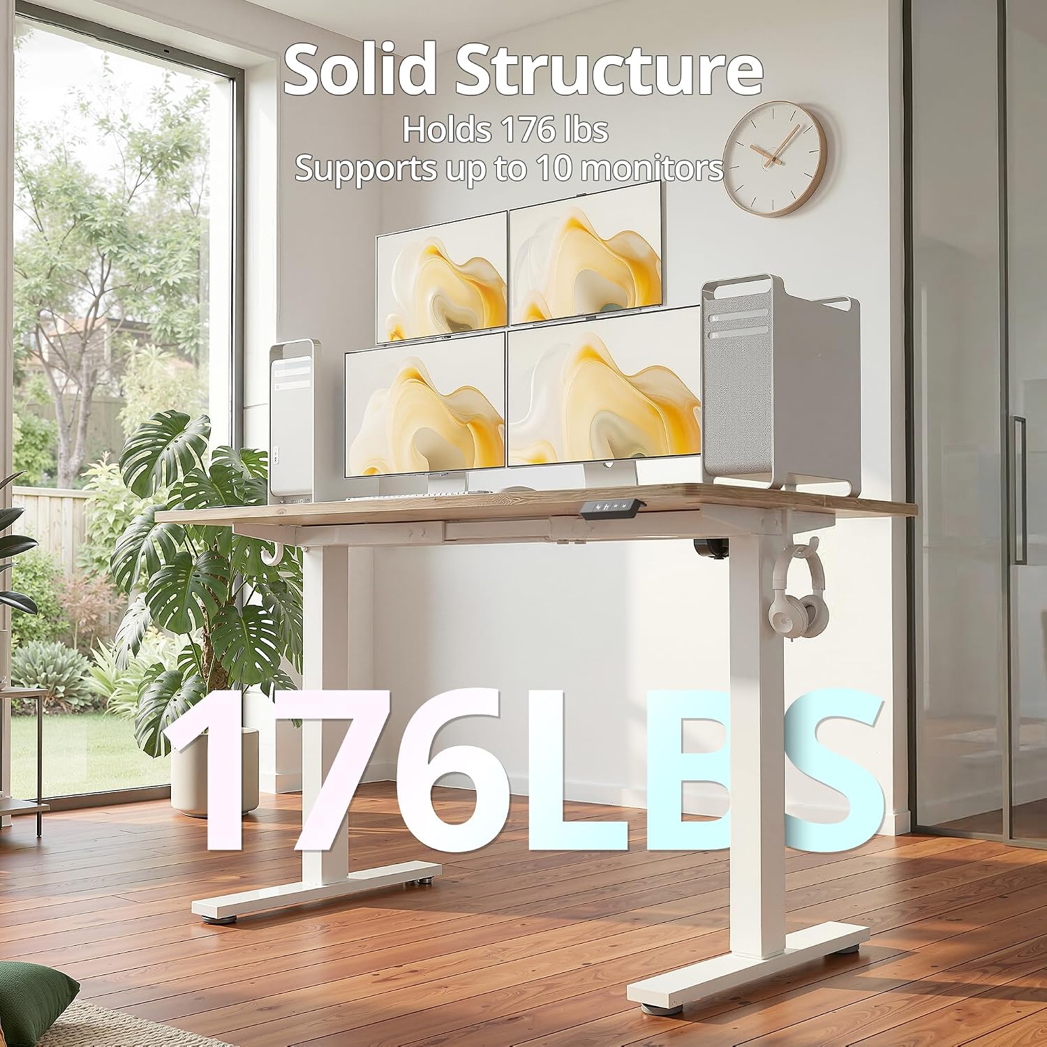 TIQLAB Electric Height Adjustable Standing Desk 71 * 30 inch, Sit Stand Desk with Splice Board, Memory Controller, White Frame & Maple Top Computer Workstation for Home Office