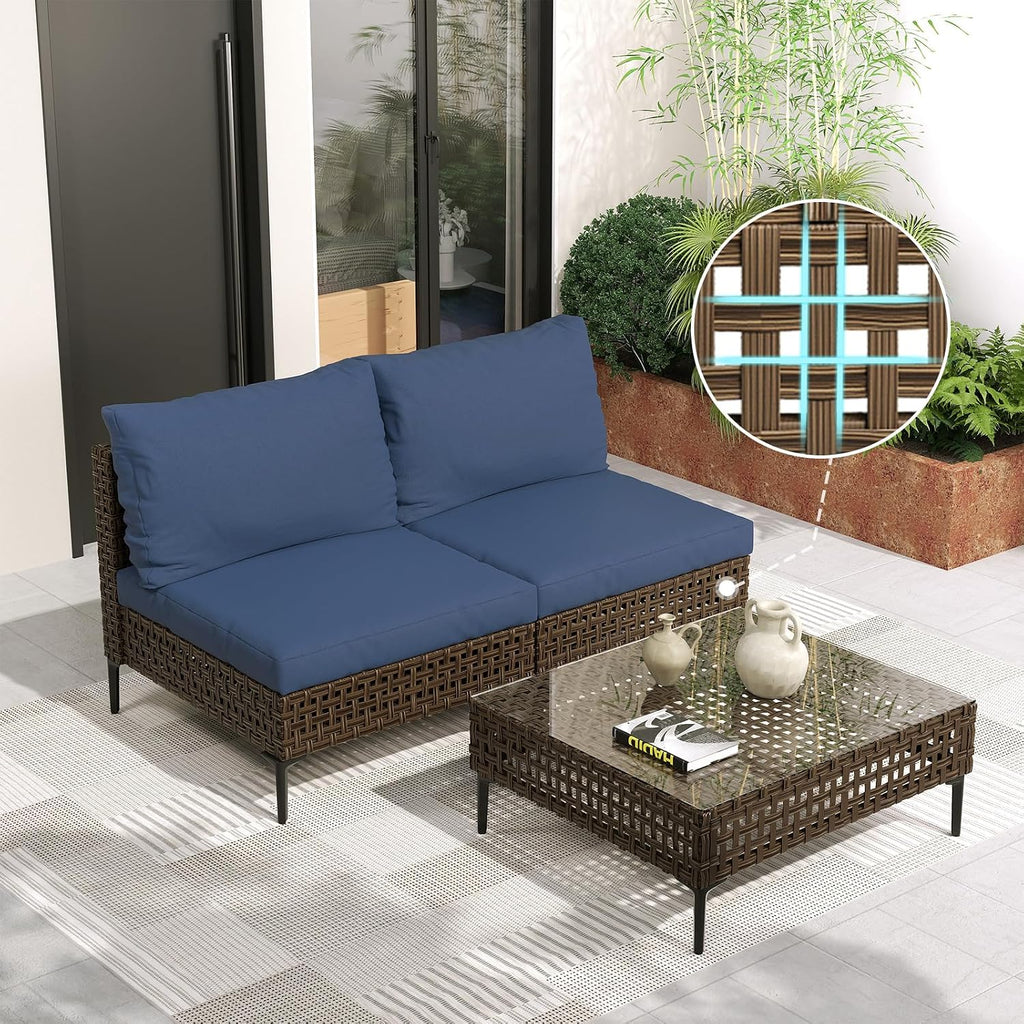 Grand patio 3-Piece Wicker Patio Furniture Set, Retro Outdoor Sectional Sofa with Water Resistant Blue Thick Cushions and Coffee Table, Brown