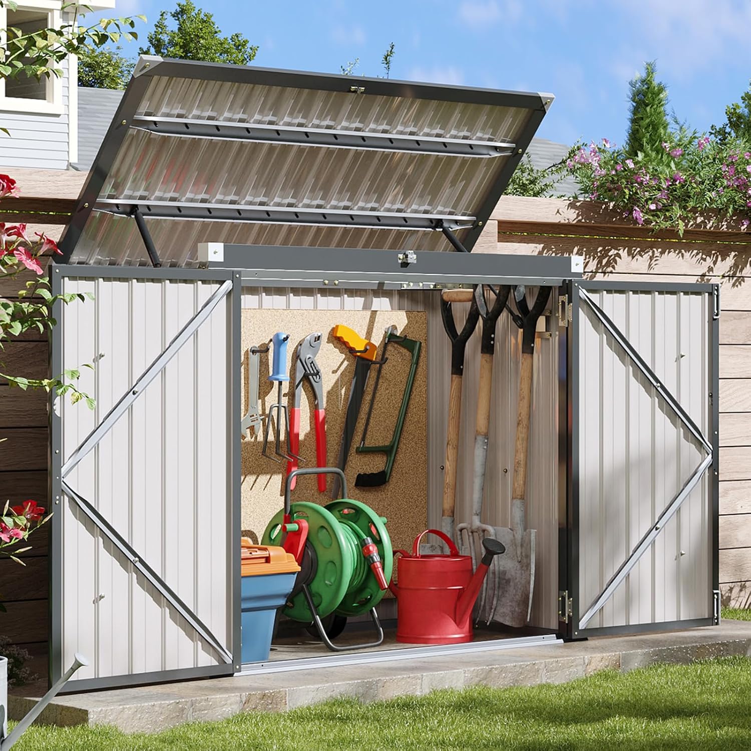 Aoxun Premium Outdoor Storage Shed Material Upgraded Version Metal Trash Can Storage with Chain Lid Waterproof Outdoor Garbage Can Organizer, Ideal for 2 Trash Bins, Generator, Garden Tools (Black)