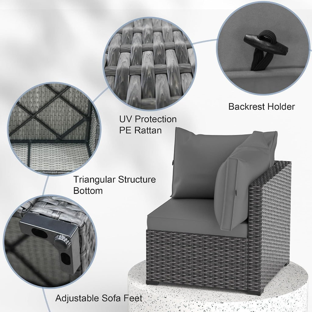 Patio Furniture Set, 7PCS Outdoor Sectional PE Rattan Patio Conversation Set w/Thickened Cushion Modular Wicker Patio Sofa Set w/Coffee Table for Balcony, Backyard(Grey)