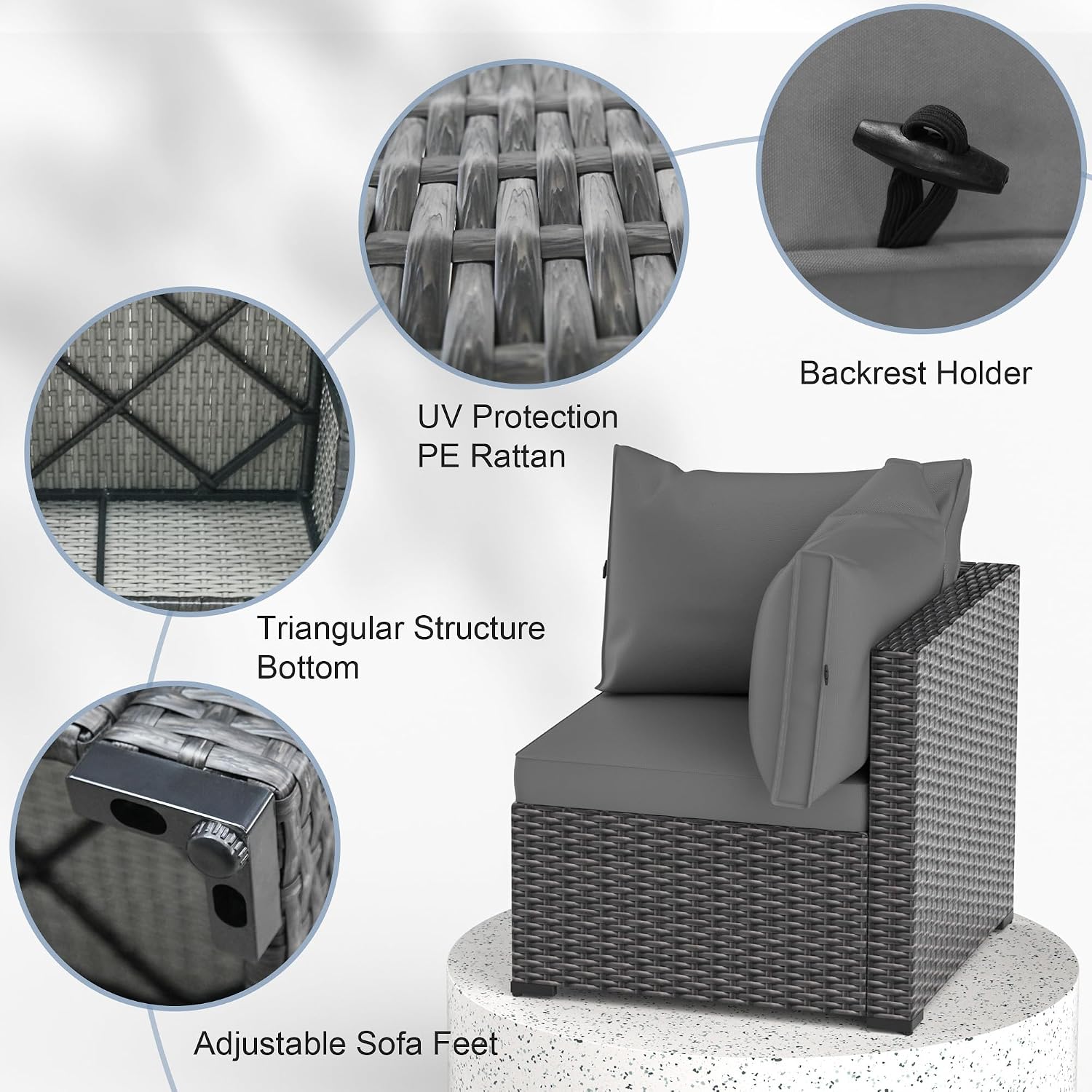 Patio Furniture Set, 7PCS Outdoor Sectional PE Rattan Patio Conversation Set w/Thickened Cushion Modular Wicker Patio Sofa Set w/Coffee Table for Balcony, Backyard(Grey)