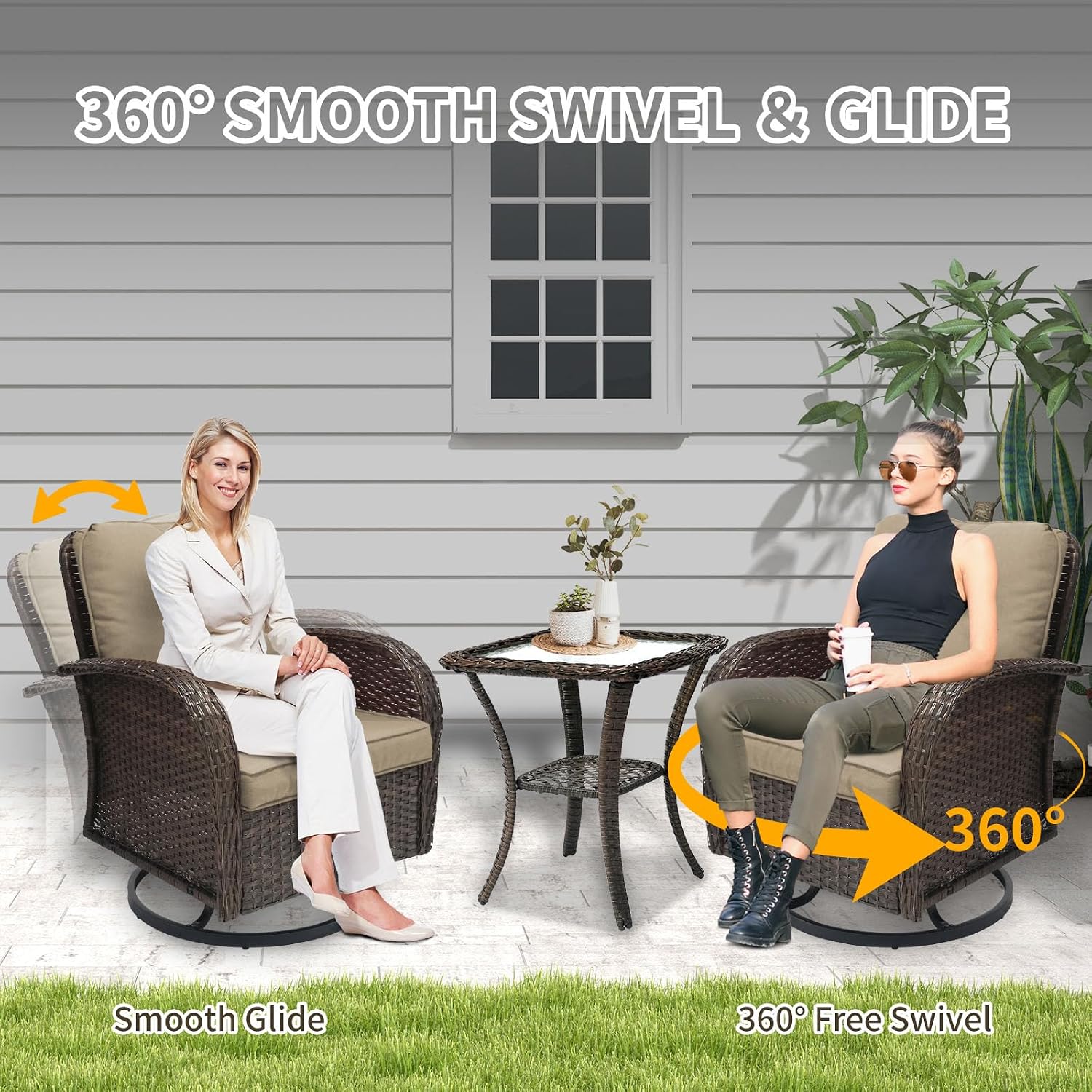 SHGJ&SOFT 3 Piece Patio Furniture Set, 2 Outdoor Swivel Rocking Chairs with Side Table, Wicker Glider Chairs, All-Weather Rattan Bistro Set for Porch, Deck, Pool (Brown, Brown Full-Weave Rattan)