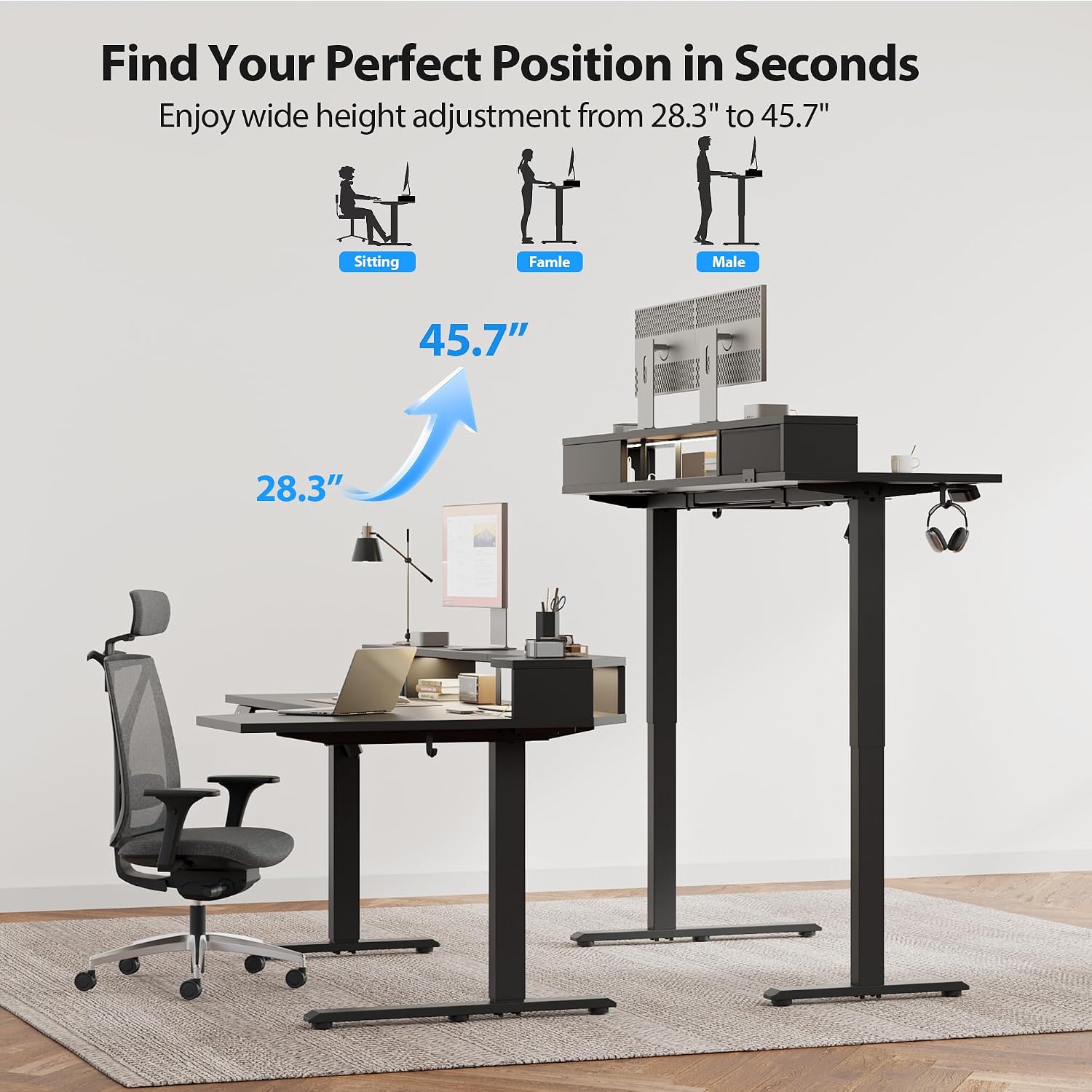 Agilestic 63 Inch L Shaped Electric Standing Desk with Shelf, Height Adjustable Large Desk with Power Outlets & LED, Corner Sit Stand Up Table with Monitor Stand, Computer Workstation, Black