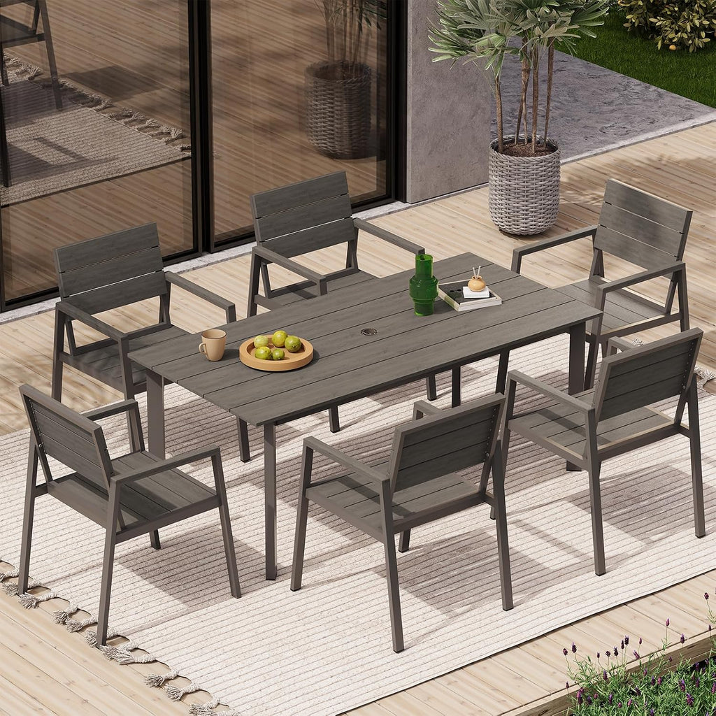 67' Rectangle HDPS Patio Dining Table, Aluminum Outdoor Patio Dining Table with Umbrella Hole, Weather-Resistant for Lawn, Garden, Yard, Poolside and Indoor Use (Gray & Teak)