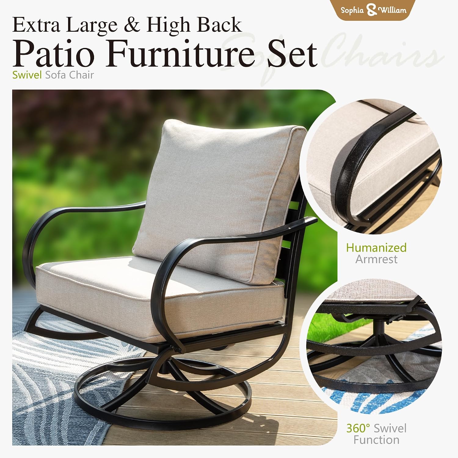 Sophia & William Patio Furniture Sets 5 Seats Outdoor Metal Conversation Sets 4 Pcs with 2 x Cushioned Swivel Sofa Chairs,1 x 3-Seat Sofa, 1x Marbling Metal Coffee Table Lawn Backyard Poolside Beige