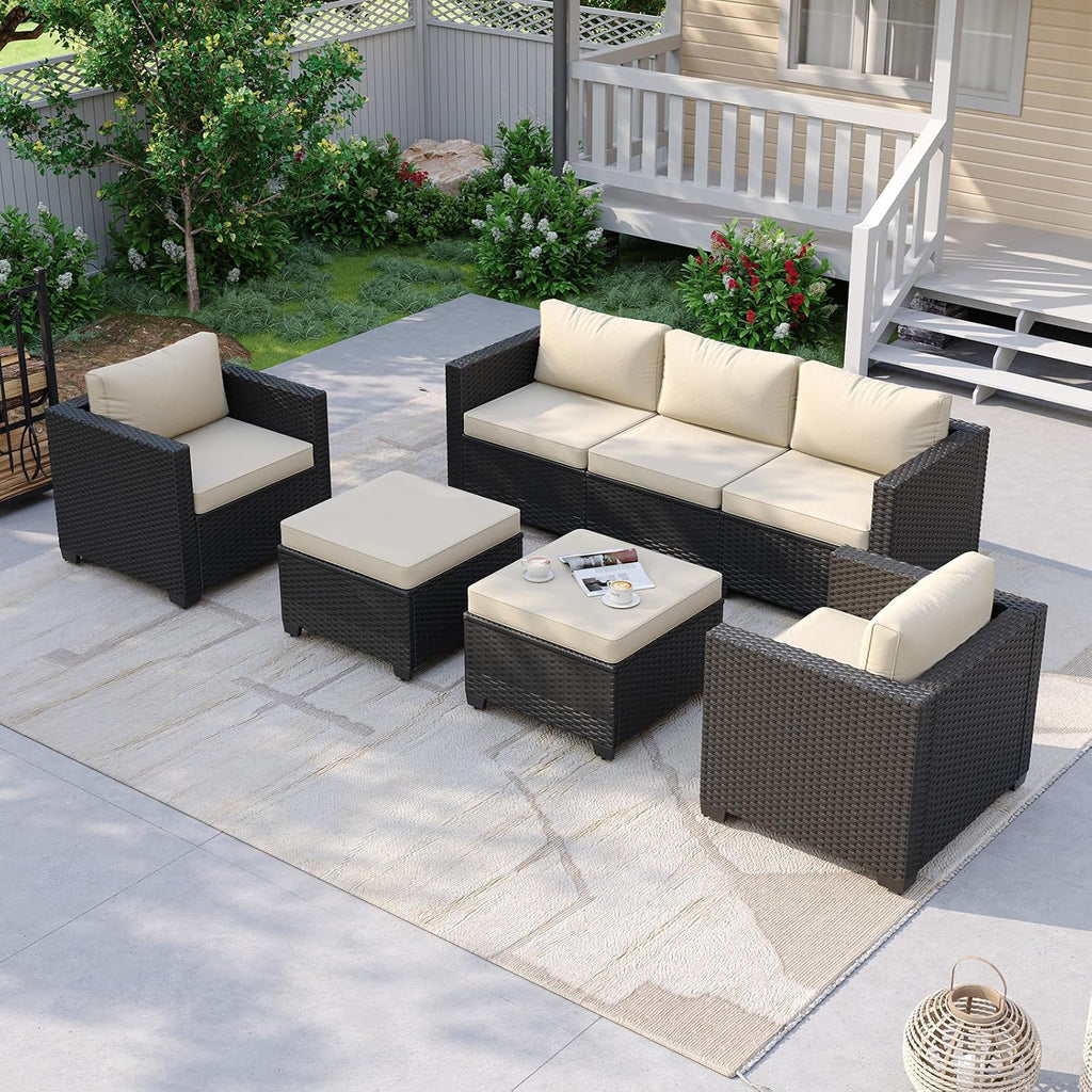 Aoxun Patio Furniture Set, 5 Piece Outdoor Sectional Sofa with Ottomans, Wicker Outdoor Furniture Conversation Sets with Waterproof Cover for Backyard Beige