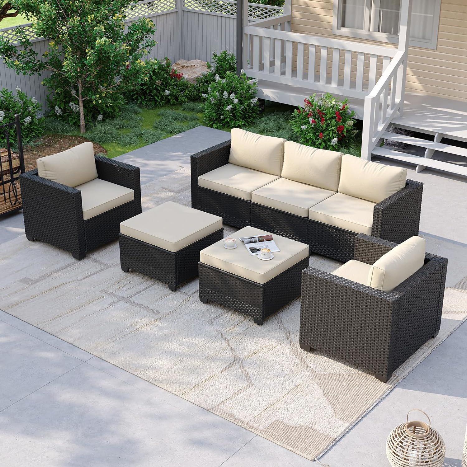 Aoxun Patio Furniture Set, 5 Piece Outdoor Sectional Sofa with Ottomans, Wicker Outdoor Furniture Conversation Sets with Waterproof Cover for Backyard Beige