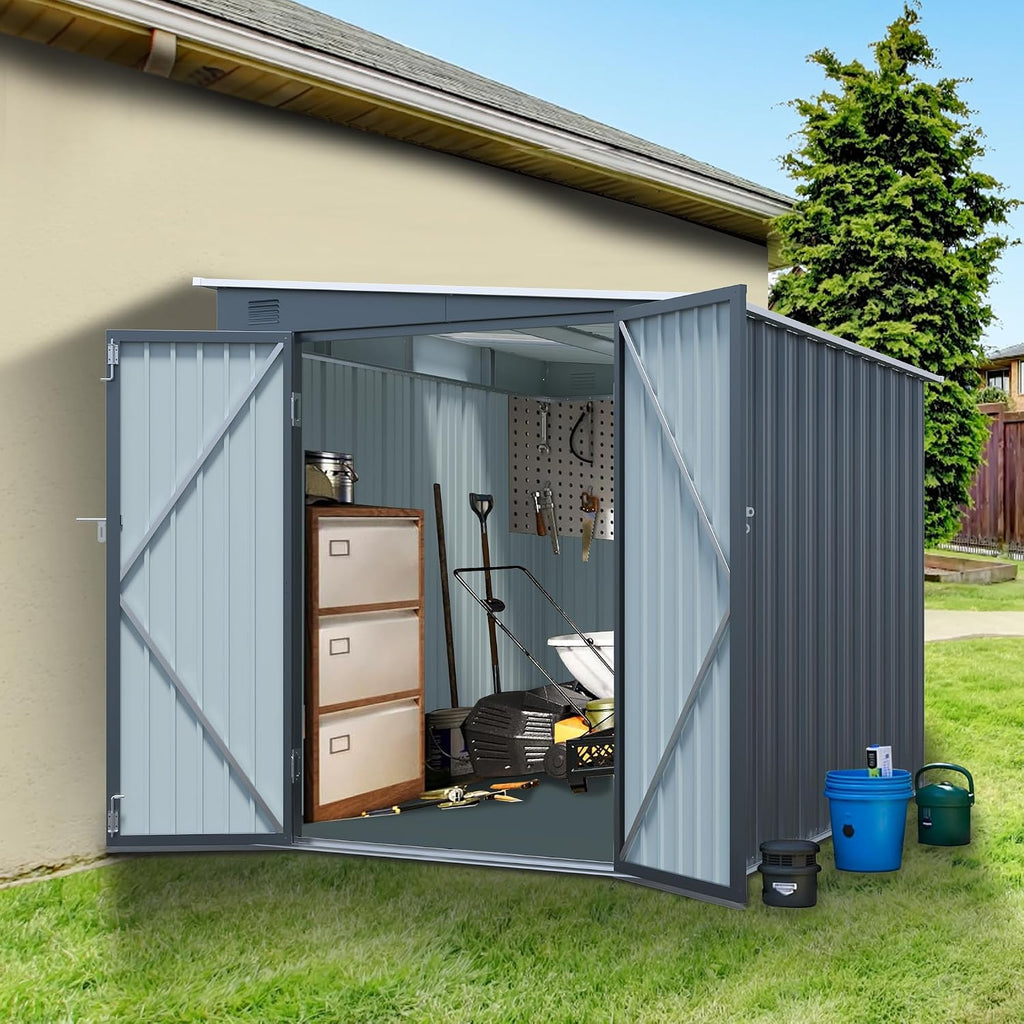 YOPTO 6x8 FT Lean to Outdoor Storage Shed,Metal Shed W/Translucent Panel,Garden Tool Storage House W/Air Vents,Lockable Double Doors & Sloped Roof,for Backyard,Patio,Lawn,Carbon Black