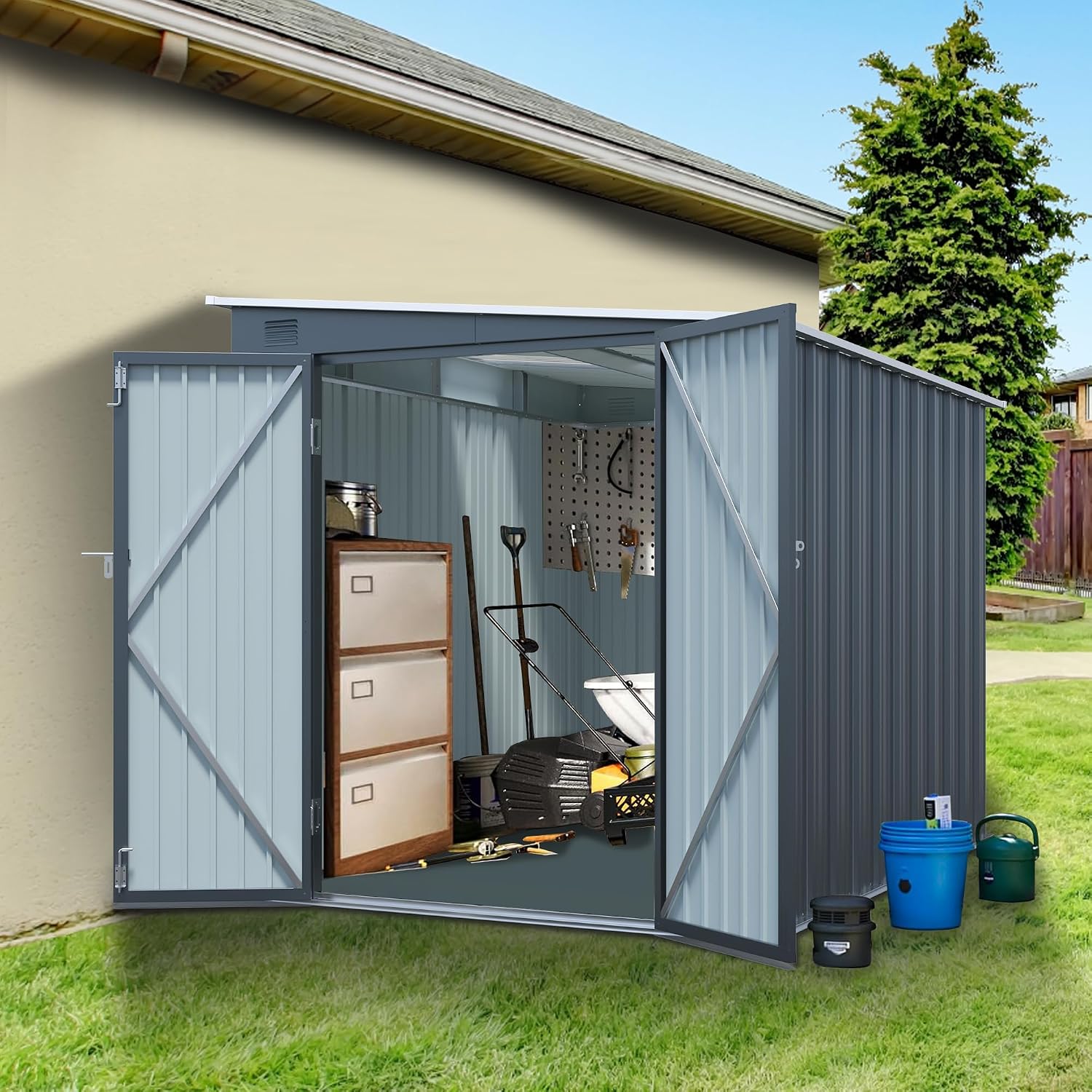 YOPTO 6x8 FT Lean to Outdoor Storage Shed,Metal Shed W/Translucent Panel,Garden Tool Storage House W/Air Vents,Lockable Double Doors & Sloped Roof,for Backyard,Patio,Lawn,Carbon Black