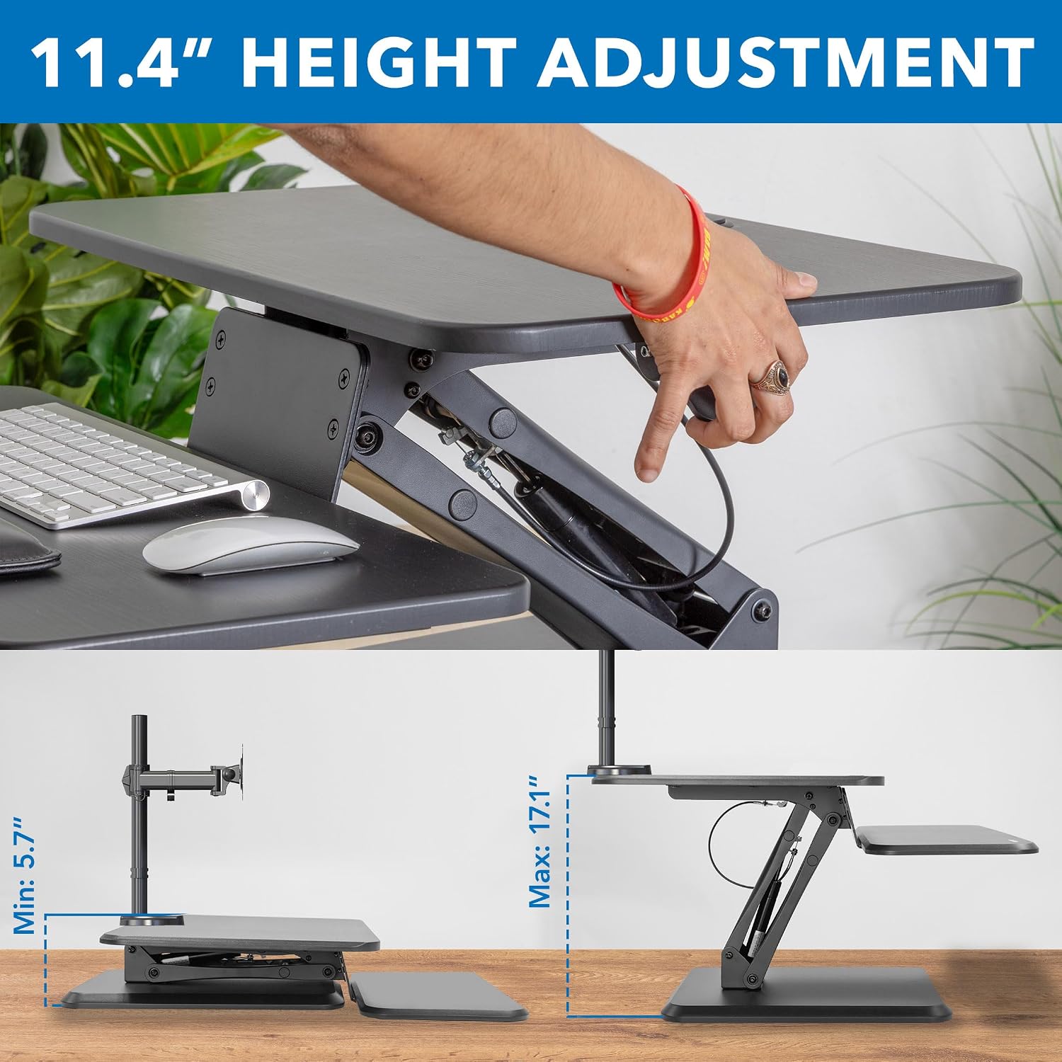 Mount-It! Standing Desk Converter, Stand Up Desk Riser with Dual Monitor Mount, Adjustable Workstation in Black, Top Platform 23' Wide, Keyboard Mouse Tray 27' Wide, Raises 5' to 17' Tall