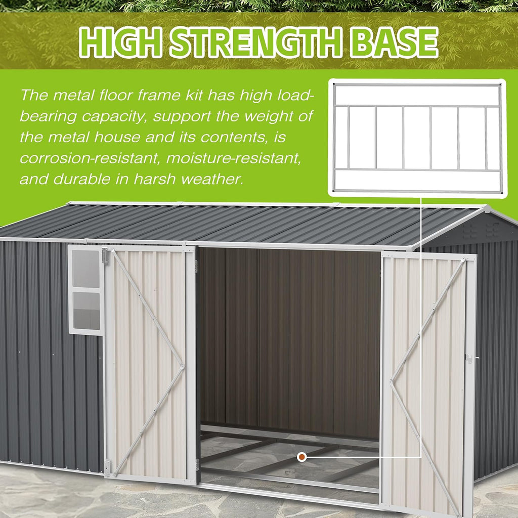 8x12 FT Outdoor Metal Storage Shed with Window & Floor Frame, Lockable Double Doors, Weatherproof Steel Tool Shed for Garden, Backyard, Lawn Equipment, and Patio Storage