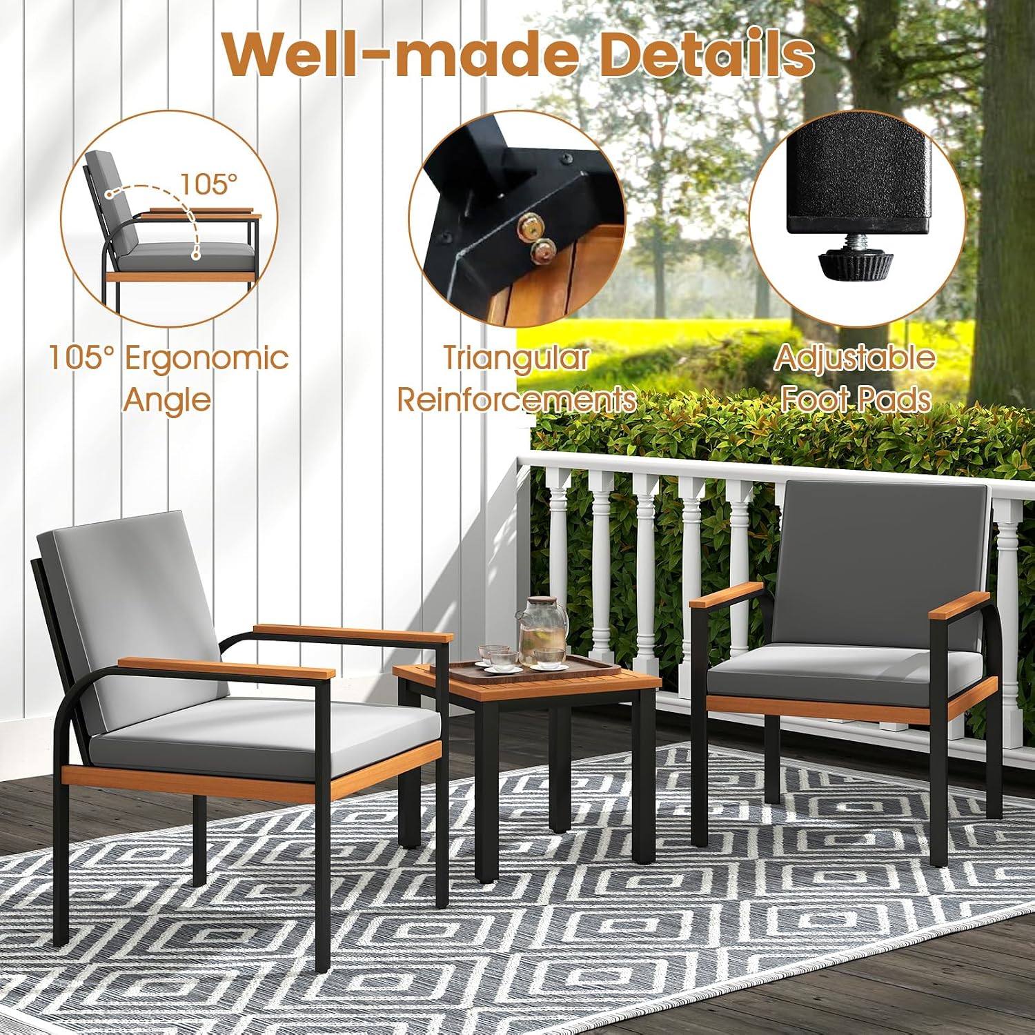 Tangkula 3 Pieces Patio Furniture Set, Outdoor Cushioned Conversation Chairs Set with Acacia Wood Side Table, for Porch, Balcony and Garden