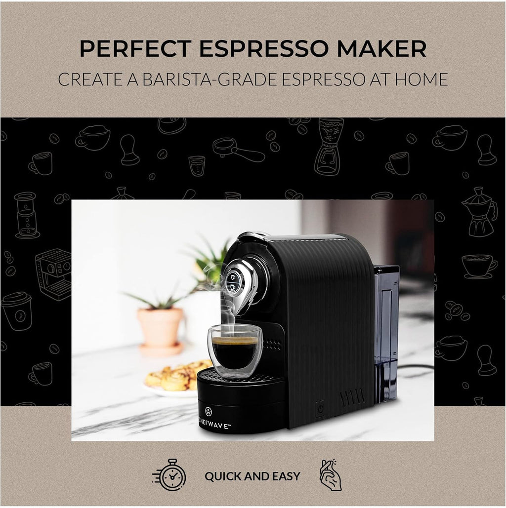 ChefWave Espresso Machine Compatible with Nespresso Capsules (Black) with Capsule Holder, and 2 Glass Cups Bundle with Handheld Milk Frother (2 items)