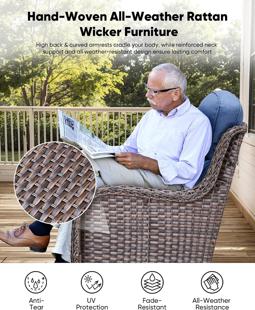 HUMMUH Outdoor Patio Wicker Swivel Rocker Chairs with 6-Inch Thick Cushion High Back 3 PCS Wicker Conversation Set for Porch Balcony Deck