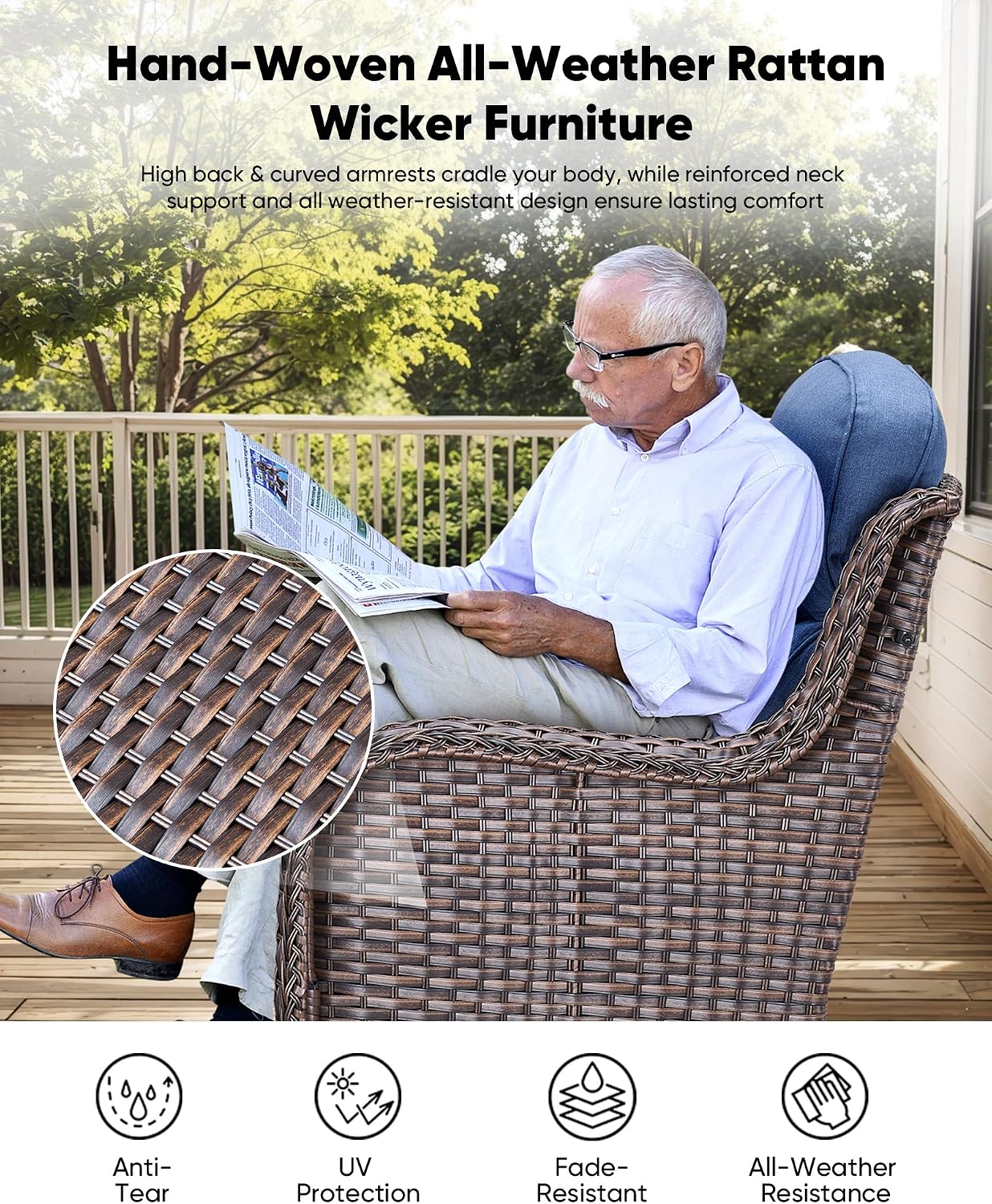 HUMMUH Outdoor Patio Wicker Swivel Rocker Chairs with 6-Inch Thick Cushion High Back 3 PCS Wicker Conversation Set for Porch Balcony Deck