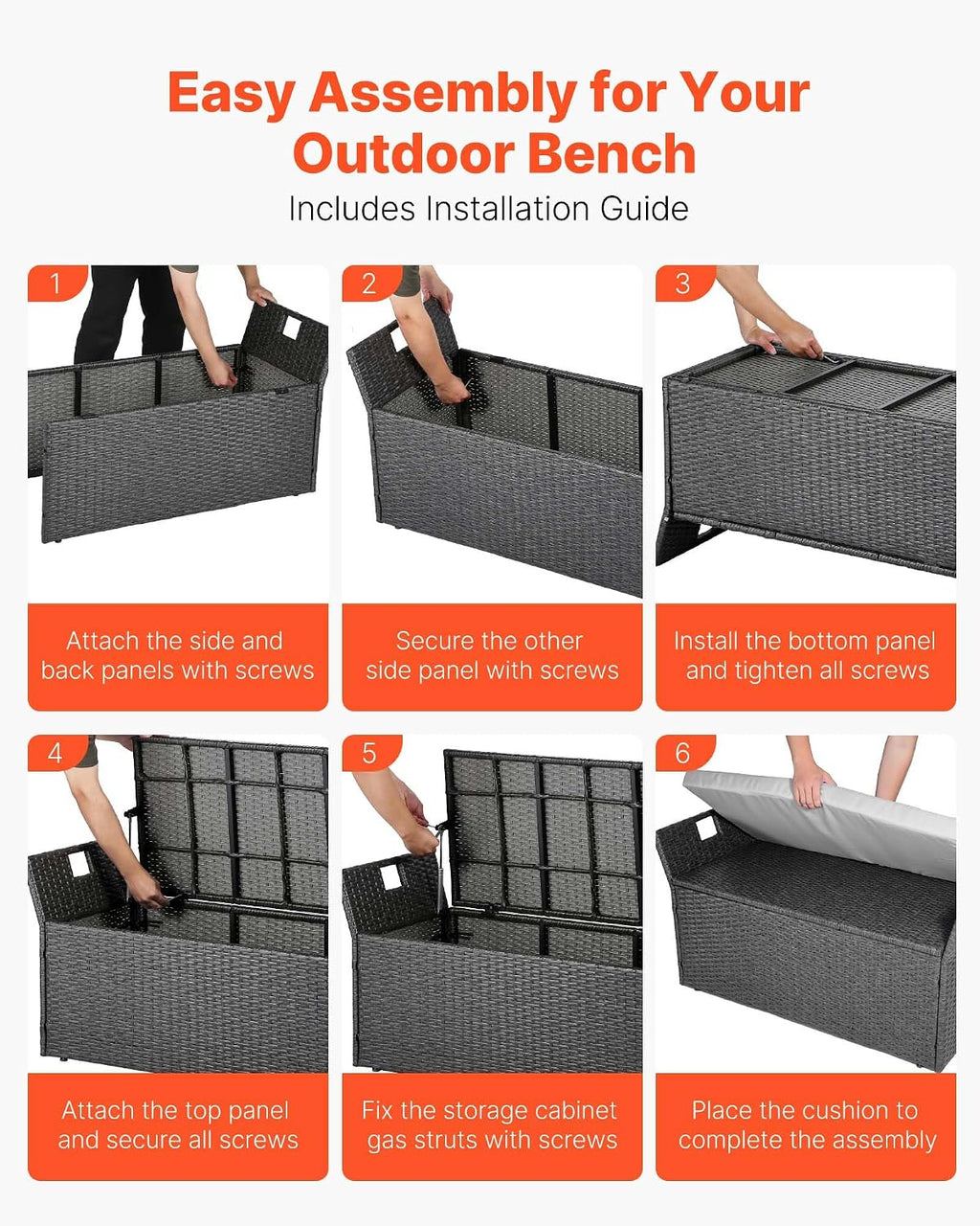 VEVOR Outdoor Storage Bench, 2-Person PE Rattan Storage Bench, 40 Gal Deck Box with Cushion & Side Handle, Supports up to 400 lbs, Outdoor Seating & Porch Decor for Patio Garden Balcony