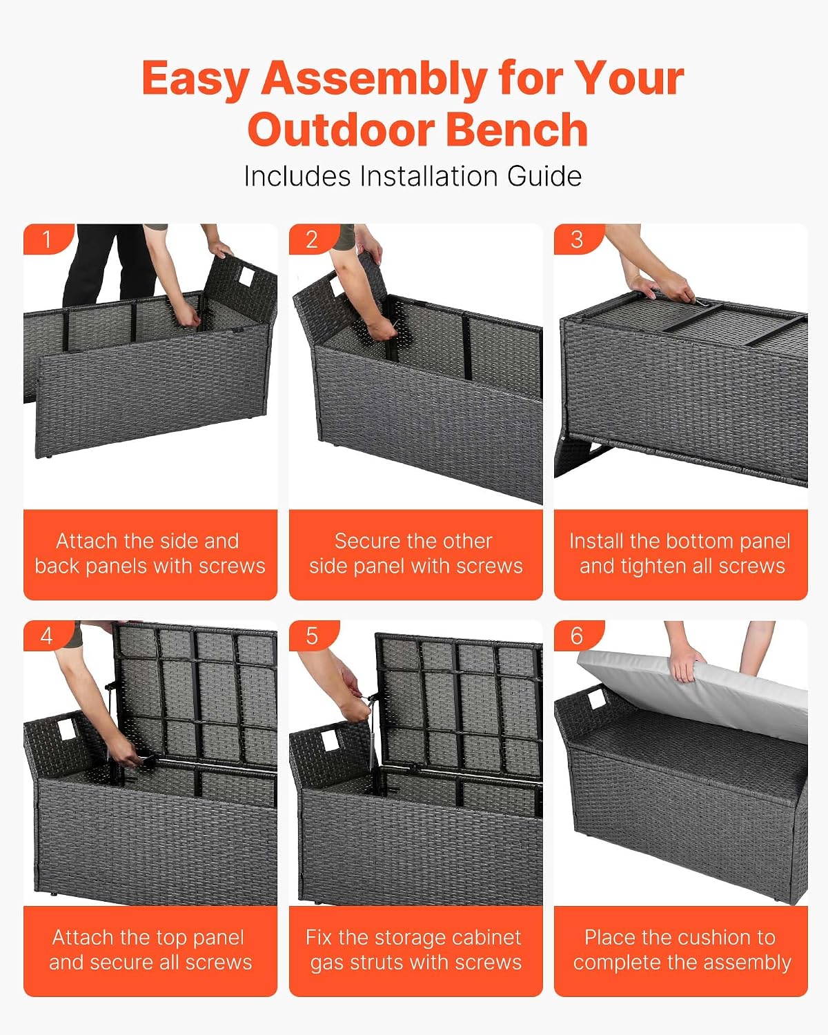 VEVOR Outdoor Storage Bench, 2-Person PE Rattan Storage Bench, 40 Gal Deck Box with Cushion & Side Handle, Supports up to 400 lbs, Outdoor Seating & Porch Decor for Patio Garden Balcony