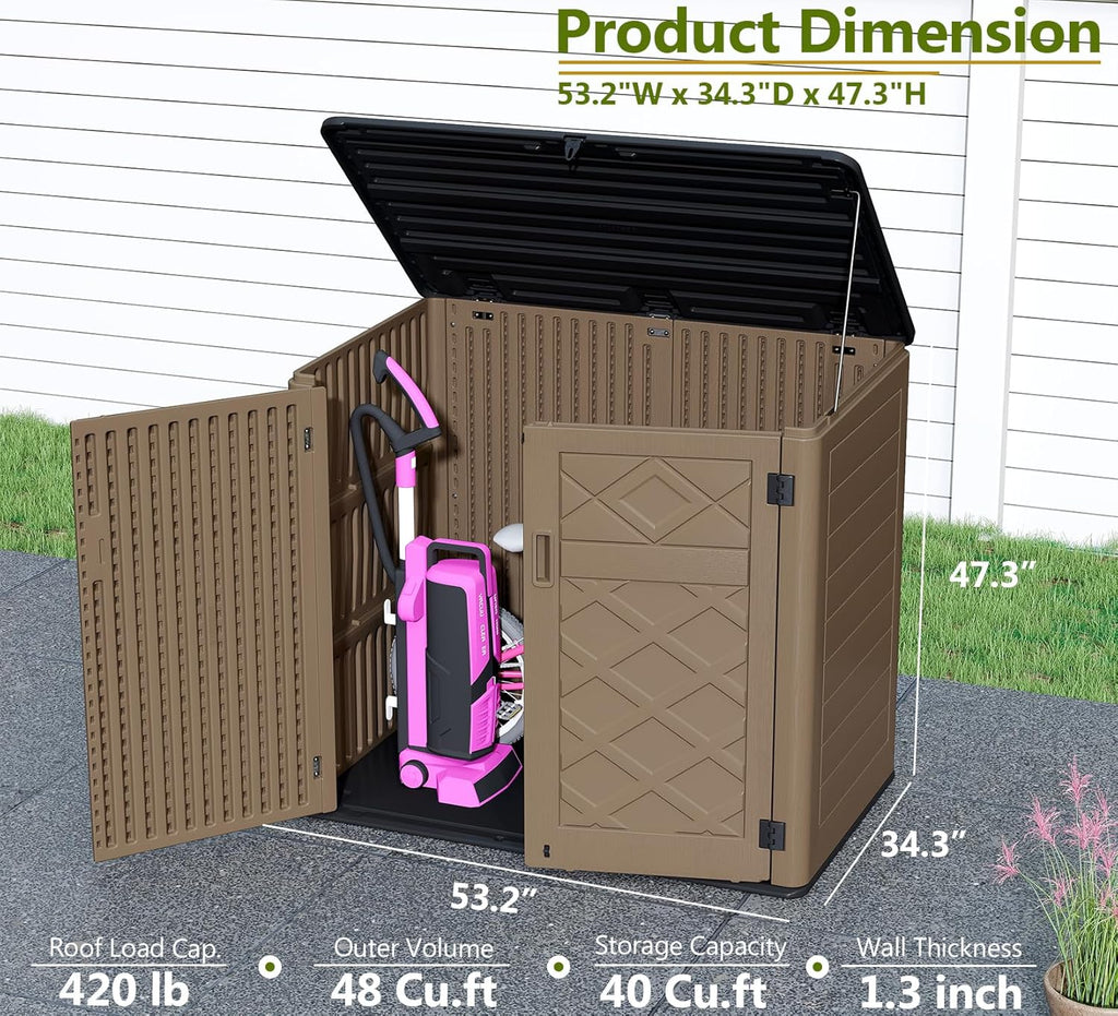 HOMSPARK Storage Shed Weather Resistance, Multi-Purpose Outdoor Storage Cabinet for Backyards and Patios, Horizontal Storage Shed for Lawnmower, Patio Accessories (Brown, X Large - 48 cu.ft)