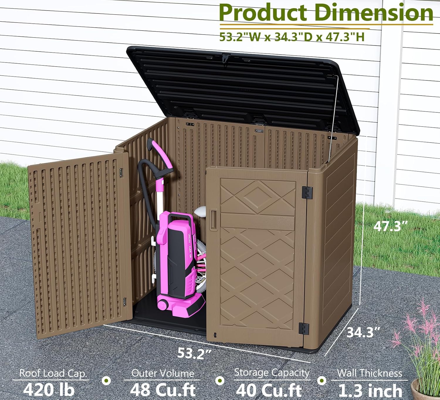 HOMSPARK Storage Shed Weather Resistance, Multi-Purpose Outdoor Storage Cabinet for Backyards and Patios, Horizontal Storage Shed for Lawnmower, Patio Accessories (Brown, X Large - 48 cu.ft)