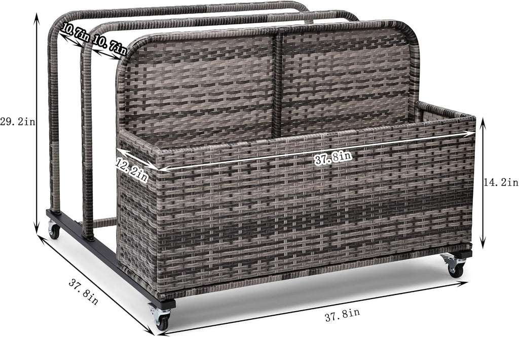 Poolside Float Storage Organizer, Pool Toy Storage Holder with Wicker Basket Outdoor Pool Float Holder Storage Rack Rolling Pool Caddy Cart Raft Holder Storage Rack for Pool Noodles Equipment Grey