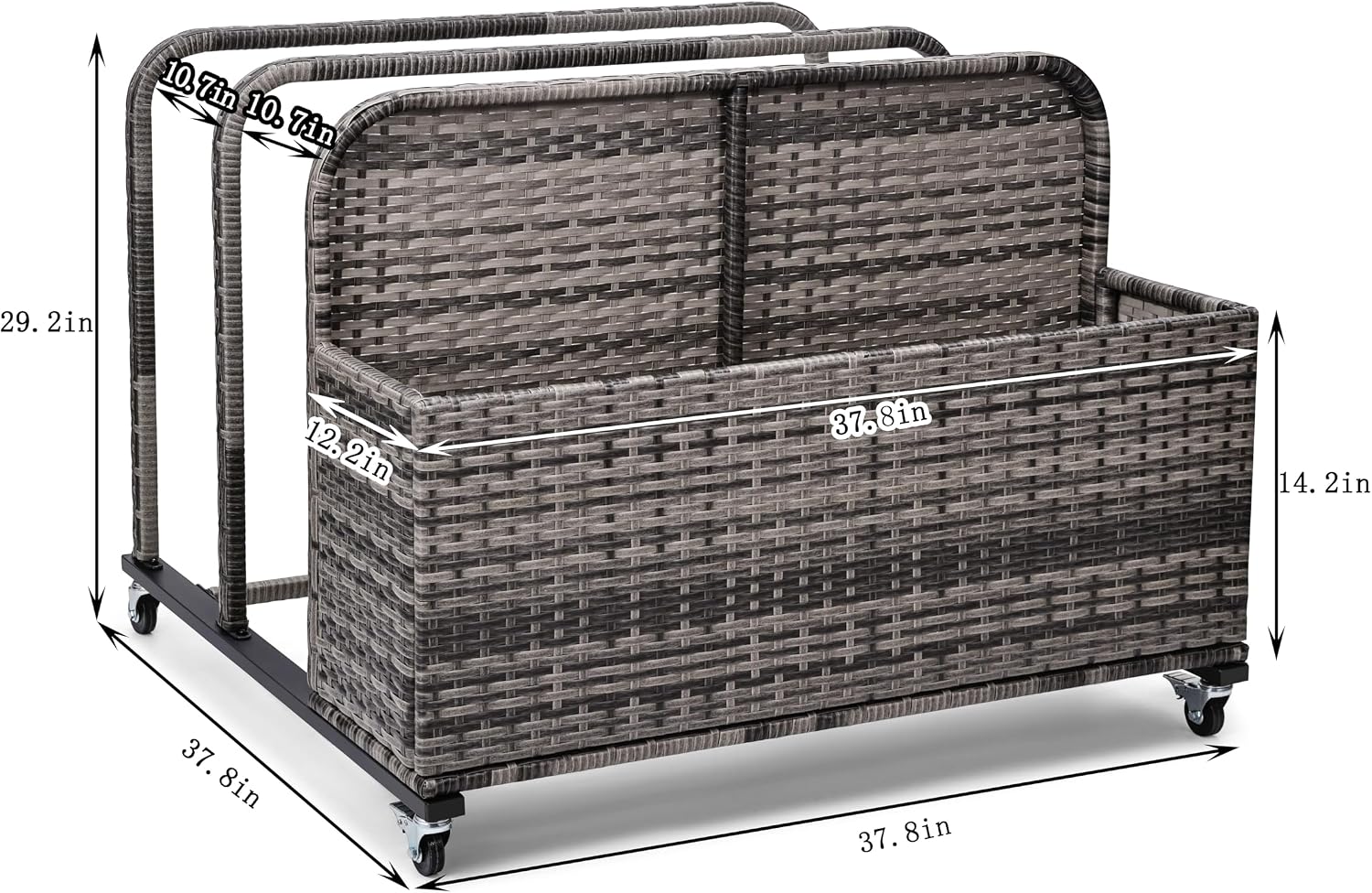 Poolside Float Storage Organizer, Pool Toy Storage Holder with Wicker Basket Outdoor Pool Float Holder Storage Rack Rolling Pool Caddy Cart Raft Holder Storage Rack for Pool Noodles Equipment Grey