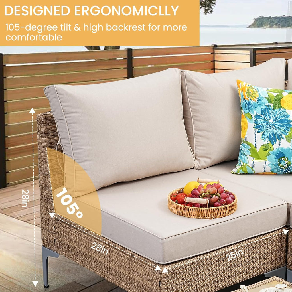 2 Piece Patio Furniture Set, Wicker Modular Outdoor Furniture with Thicker Cushions, Outdoor Couch Sofa for Garden, Poolside, Backyard, Beige