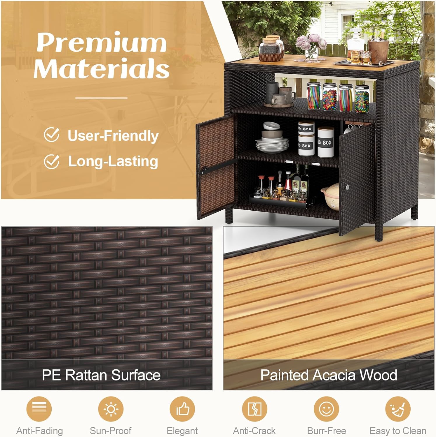 Tangkula Rattan Outdoor Storage Cabinet, Patiojoy Outdoor Cabinet with Acacia Wood Countertop, Open Compartment, 2-Door Wicker Sideboard, Outdoor Bar for Patio Garden Backyard Poolside (Mix Brown)